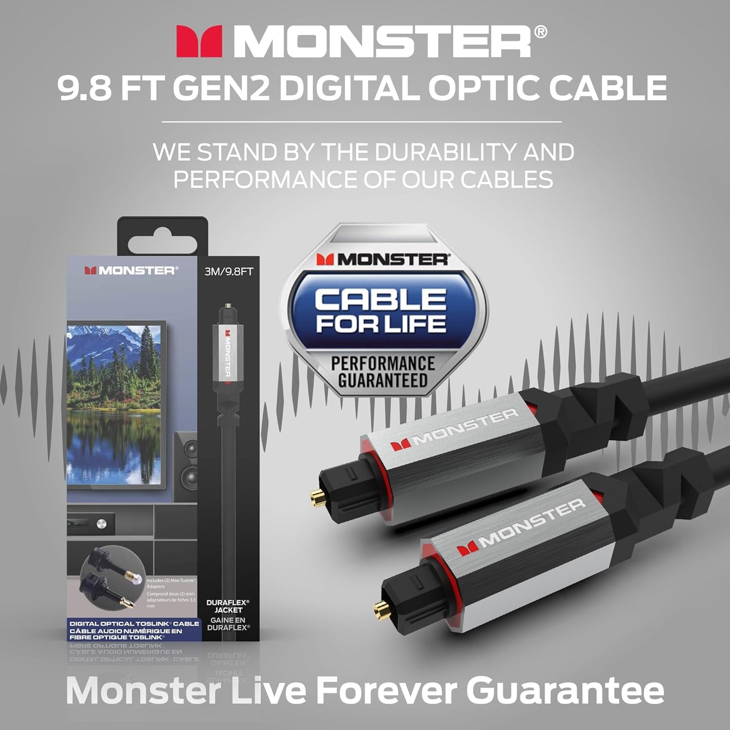 Gen2 9.8ft Monster Essentials Digital Optical Toslink Cable, Sound Bar Optical Audio Cable with Gold Connectors
