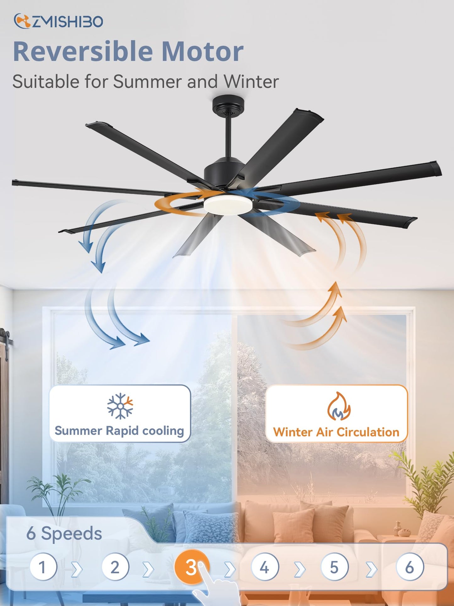 72 Inch Smart Ceiling Fan with Light and Remote via WIFI Alexa, Industrial Ceiling Fan with 8 Black Aluminum Blades, 3000-6000K Dimmable, 6 Speeds, Indoor Outdoor Ceiling Fans for Patio Living Room