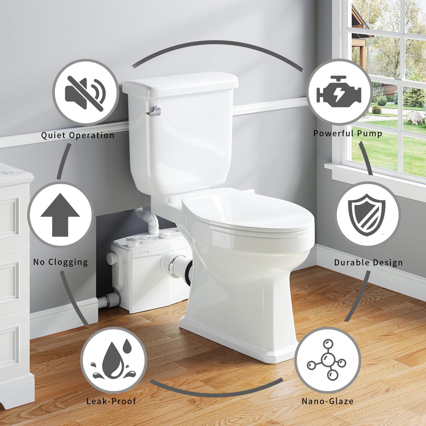 800Pro Macerating Toilet with Pump–Upflush Toilet System for Basement/Attic, 4 Water Inlets & AC Vent, 36ft Vertical Lift, Dual Flush, Easy Install,17.7" Elongated Toilet