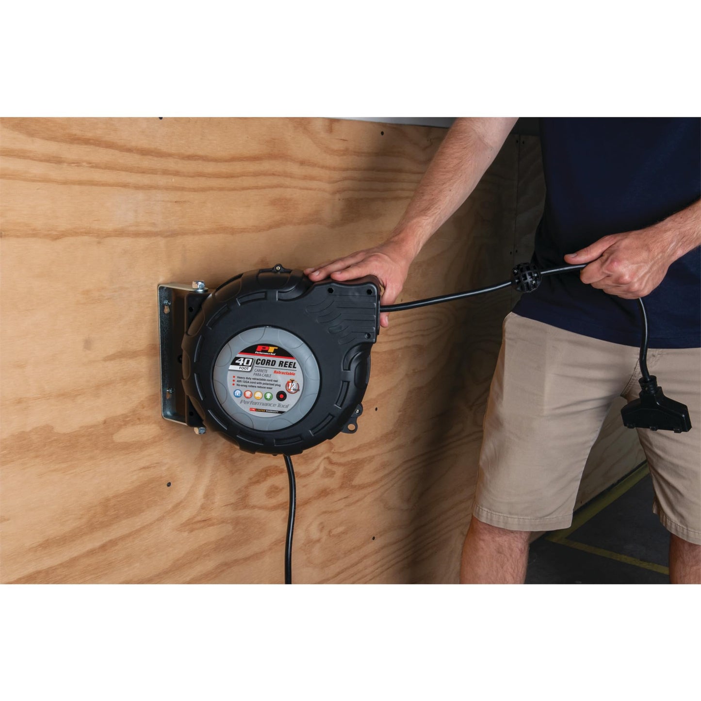 Performance Tool W2278 40ft 12-Gauge Retractable Power Cord Reel with Spring Loaded Auto-Rewind