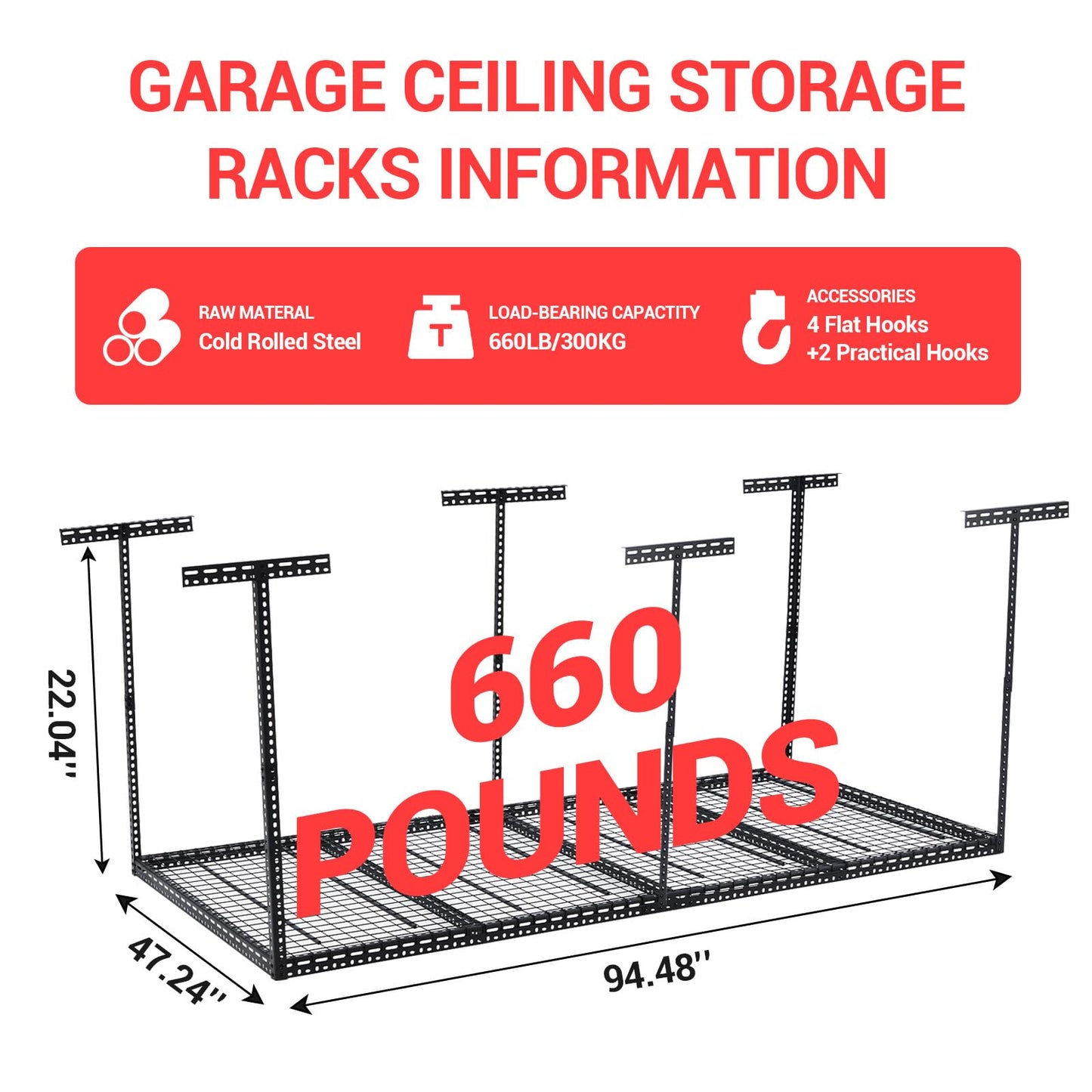 GOCAPTAIN Garage Storage Rack 4x8 ft Overhead Ceiling Mounted Storage Racks Adjustable Garage Storage Organization of Heavy Duty Metal 600Lbs Weight Capacity