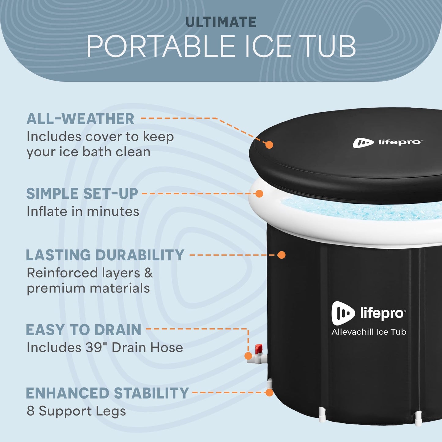 Lifepro Portable Ice Bath Tub with Lid and Storage Bag - Lightweight, Durable Cold Plunge Tub for Home Therapy Sessions -Home & Travel Ice Bath Tub for Adults and Athletes - 14°F - 122°F Temp, Outdoor