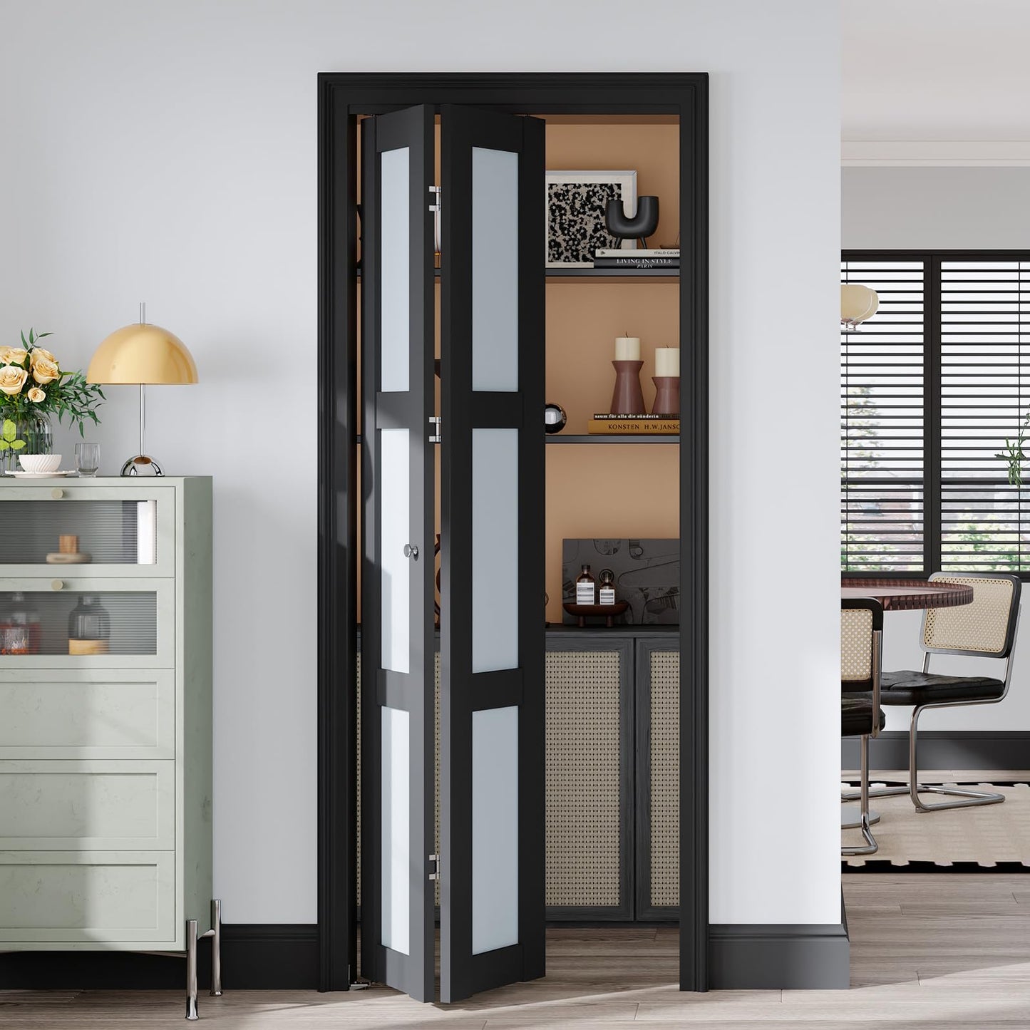 Easelife Bifold Closet Doors,Folding Door for 32" x 80" Opening,3-Lite Tempered Frosted Glass,Black Interior Bi-fold Barn Door with Concealed Sliding Hardware Kit,MDF Panel for Pantry and Laundry