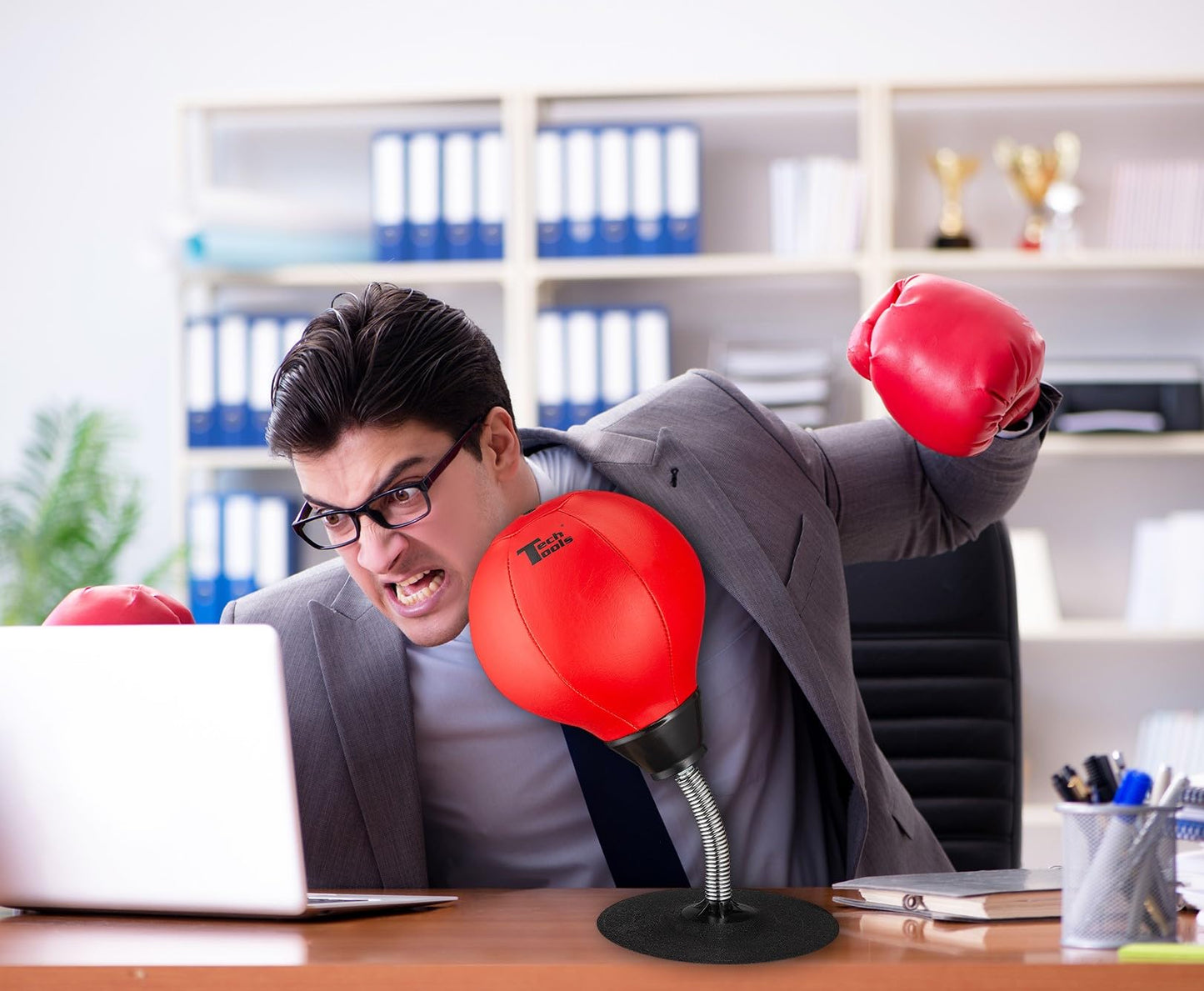 Tech Tools Stress Buster Desktop Punching Bag - Suctions to Your Desk, Heavy Duty Stress Relief Ball, Funny Office Gifts for Boss or Coworker Men and Women