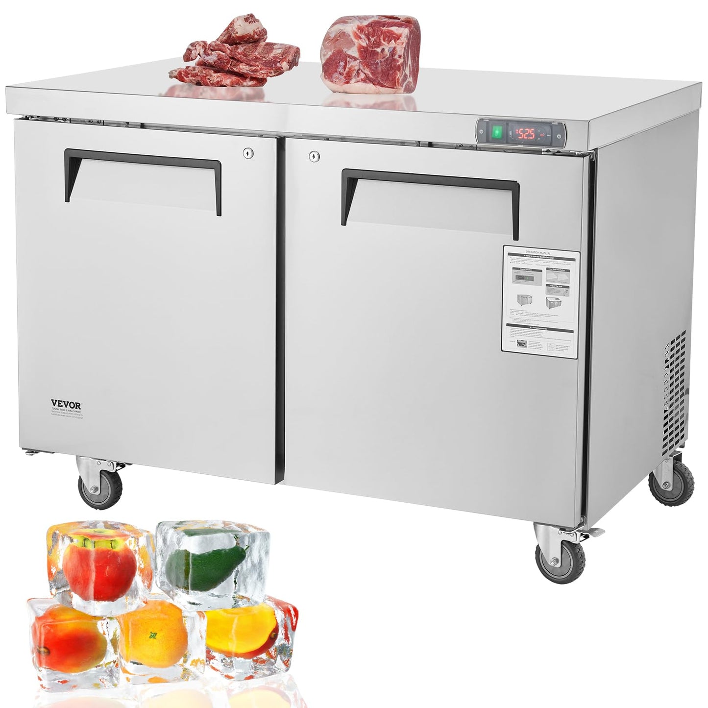 VEVOR 48" W Commercial Freezer Worktop, 12.9 Cu. Ft Undercounter Freezers with/Casters, <0~-8℉>Defrost Frozen Prep Table, 2 Doors Stainless Steel Food Frozen Prep Station for Restaurant, Diner, Bar