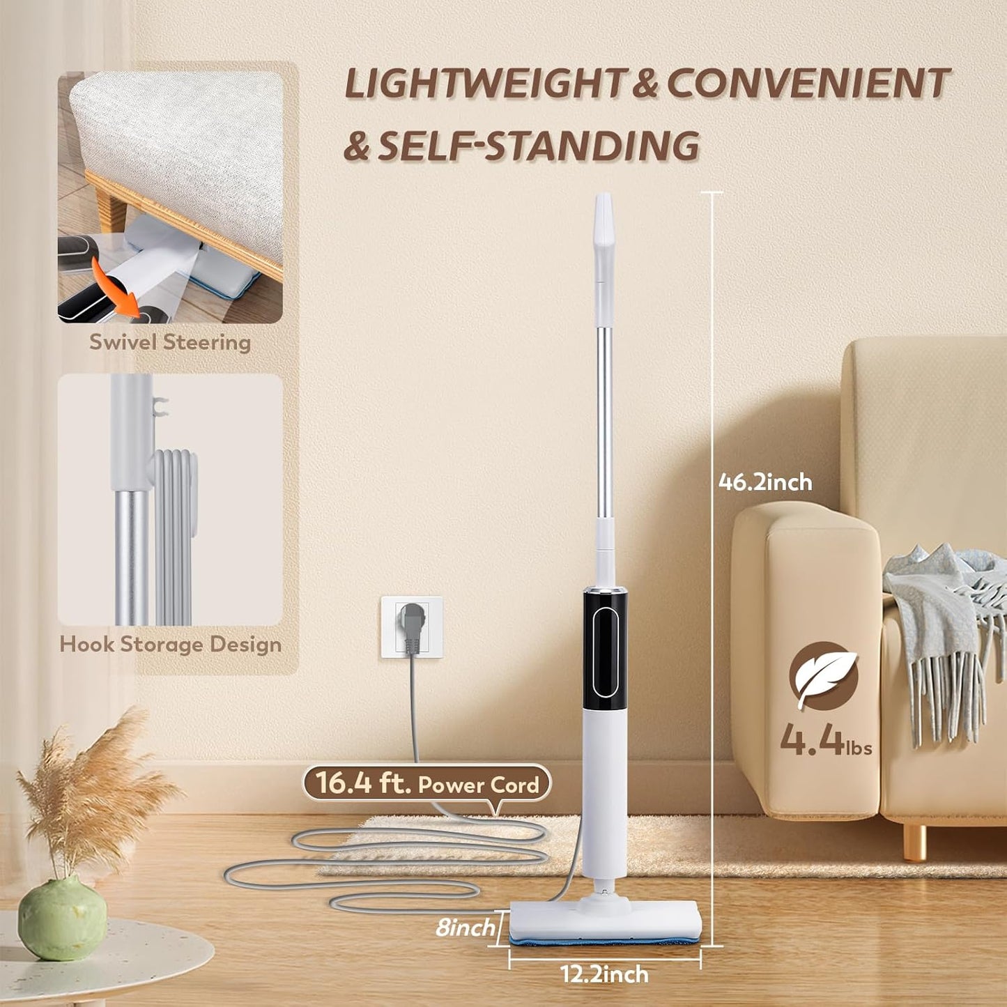 Skiennix Steam Mop - 3 Steam Modes for Quick Floor Cleaning | 15s Heat-Up, 284℉ Steam, 3 Mop Pads