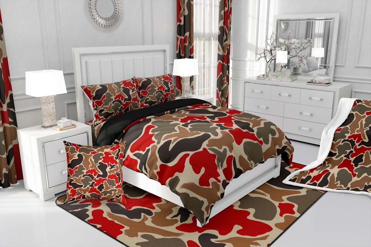 Feelyou Duck Hunter Red Camouflage Hunting Bedding Set King Kids Black Brown Comforter Cover Set for Boys Camo Army Duvet Cover Breathable Wild Bedspread Cover Room Decor Quilt Cover,No Comforter