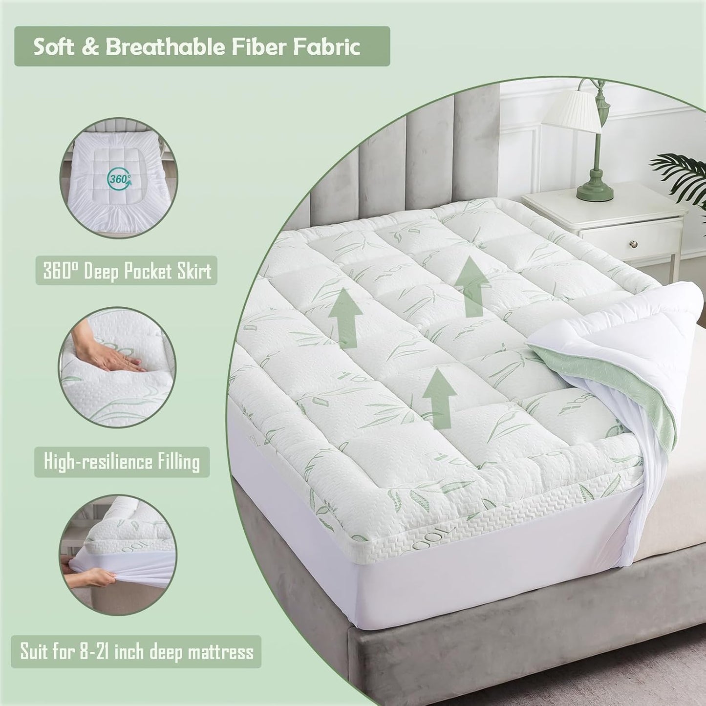 WhatsBedding Queen Mattress Topper - Soft Pillow Top with Deep Pocket & Bamboo Viscose Air Layer