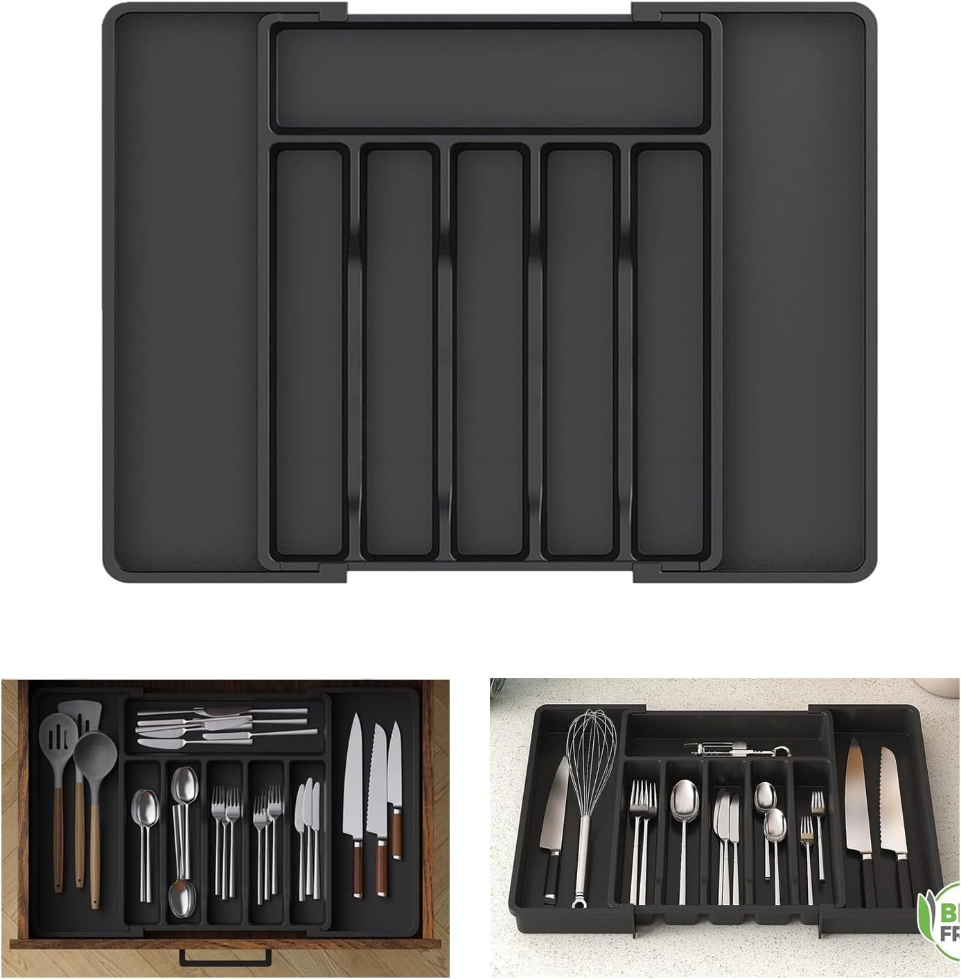 Skiennix Large Expandable Silverware Organizer - BPA-Free Plastic Utensil Tray for Kitchen Drawers | Adjustable Cutlery Holder