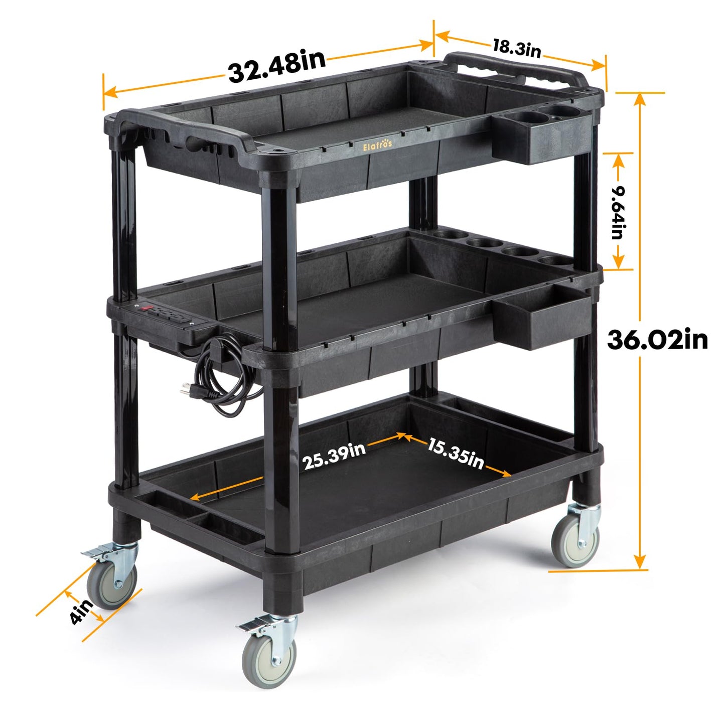 ELAFROS Multi-Use Rolling Cart with Power Strip – Industrial-Grade Plastic Utility Cart with 3 Deep Plastic Shelves, 500 lbs Capacity, 32.4"x18.3", Work cart, Black