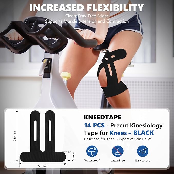 Precut Kinesiology Tape for Knees ??14 PCS Knee Tape for Pain Relief & Support, Elastic Waterproof Sports Tape, Breathable & Latex-Free, Pre Cut Athletic Tape for Workout & Injury Recovery, Black