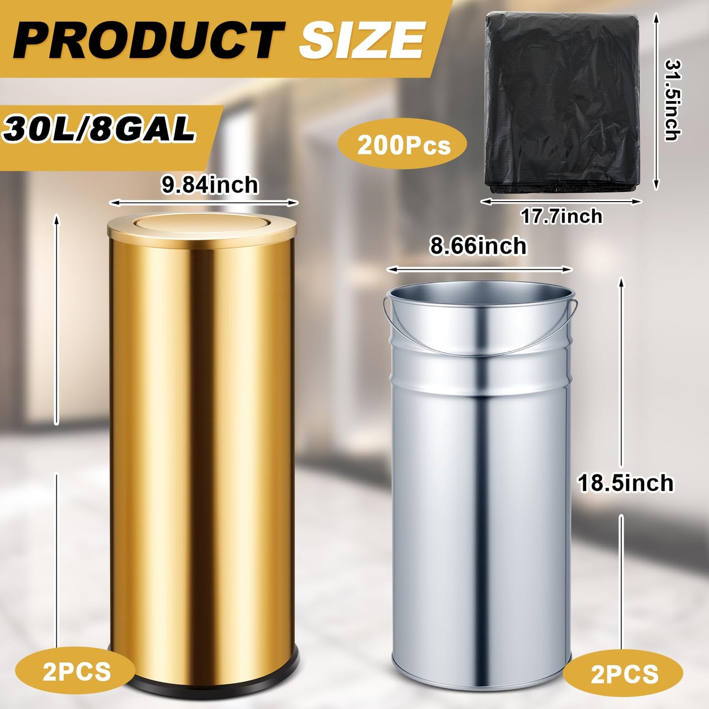 Reallnaive 2 Set 30L/8GAL Gold Lidded Trash Can with 200 Garbage Bags Metallic Gold Brass Kitchen Garbage Bin with Flip Lid Commercial Compact Waste Basket for Shopping Centers, Elevator Doors, Hotels