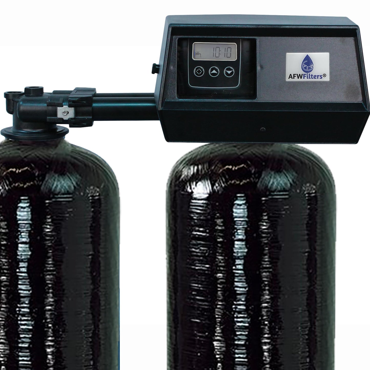 AFWFilters Premium Purolite C100E Resin Fleck 9100SXT Twin Tank Dual Metered, On Demand Water Softener, 32,000 Grains per Tank, 64,000 Grains Total Capacity, 24/7 Soft Water, Complete System