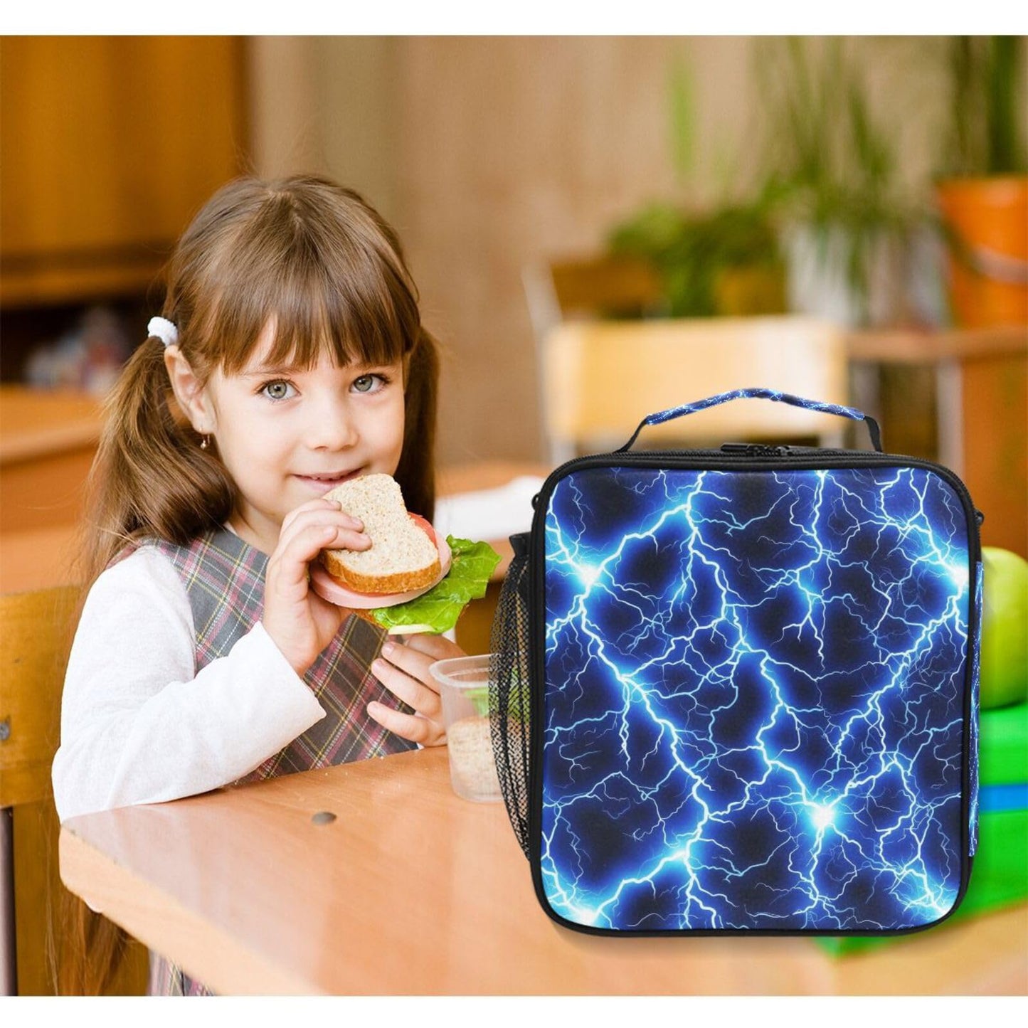WEVIBOFU Blue Lightning Lunch Box for Girls Boys Insulated Lunch Bag with Adjustable Shoulder Strap Kids Thermal Tote Bags Cooler School Travel Picnic