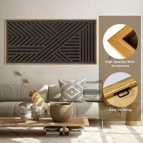 IARTTOP Extra Large Black Wood Wall Art - Framed Geometric Abstract Decor 20x40 Inch for Modern Spaces