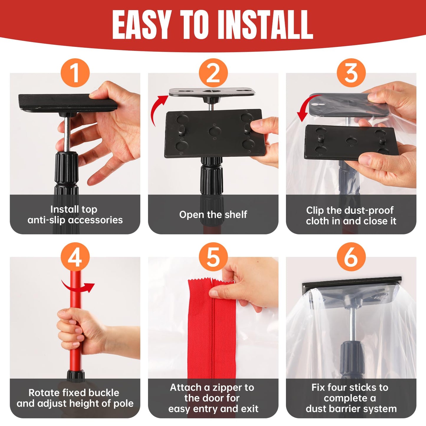10FT Dust Barrier Poles Kit, 4 Pack Spring Retractable Zip Poles, with Heavy Duty Plastic Sheeting (32.8x13.1FT), 2 Zippers & Gloves, for Dust Barrier System, Renovation, Painting, Construction