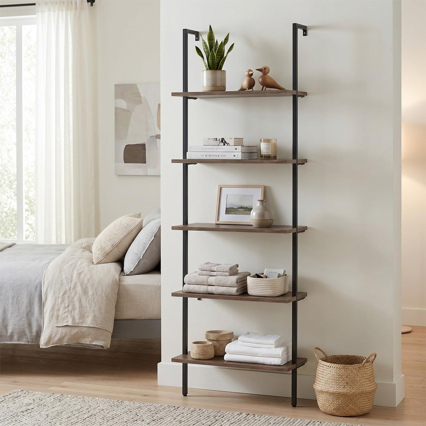 Wolawu 5 Tiers Ladder Shelf 2-Piece Black Modern Tall Bookshelf Open Large Tall Wall Mount Storage Bookcase Standing Leaning Wall Shelves Industrial Decorative (Brown)