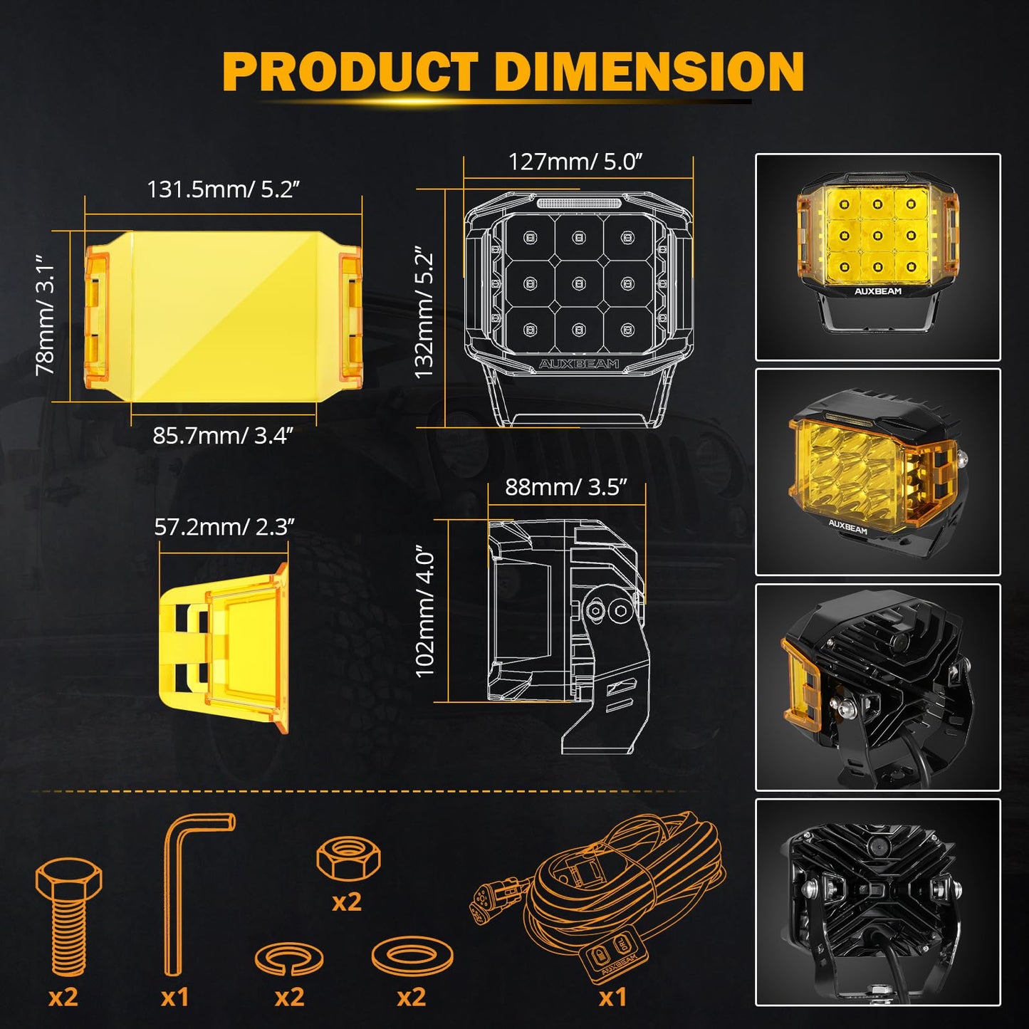Auxbeam 5" 168W LED Cube Pods Offroad Driving Light with Amber Covers, 16440LM Bright Square Offroad Lights with Side Shooter 270° Combo Beam Ditch Light, DRL for Jeep ATV Wrangler Ford Truck Pickup