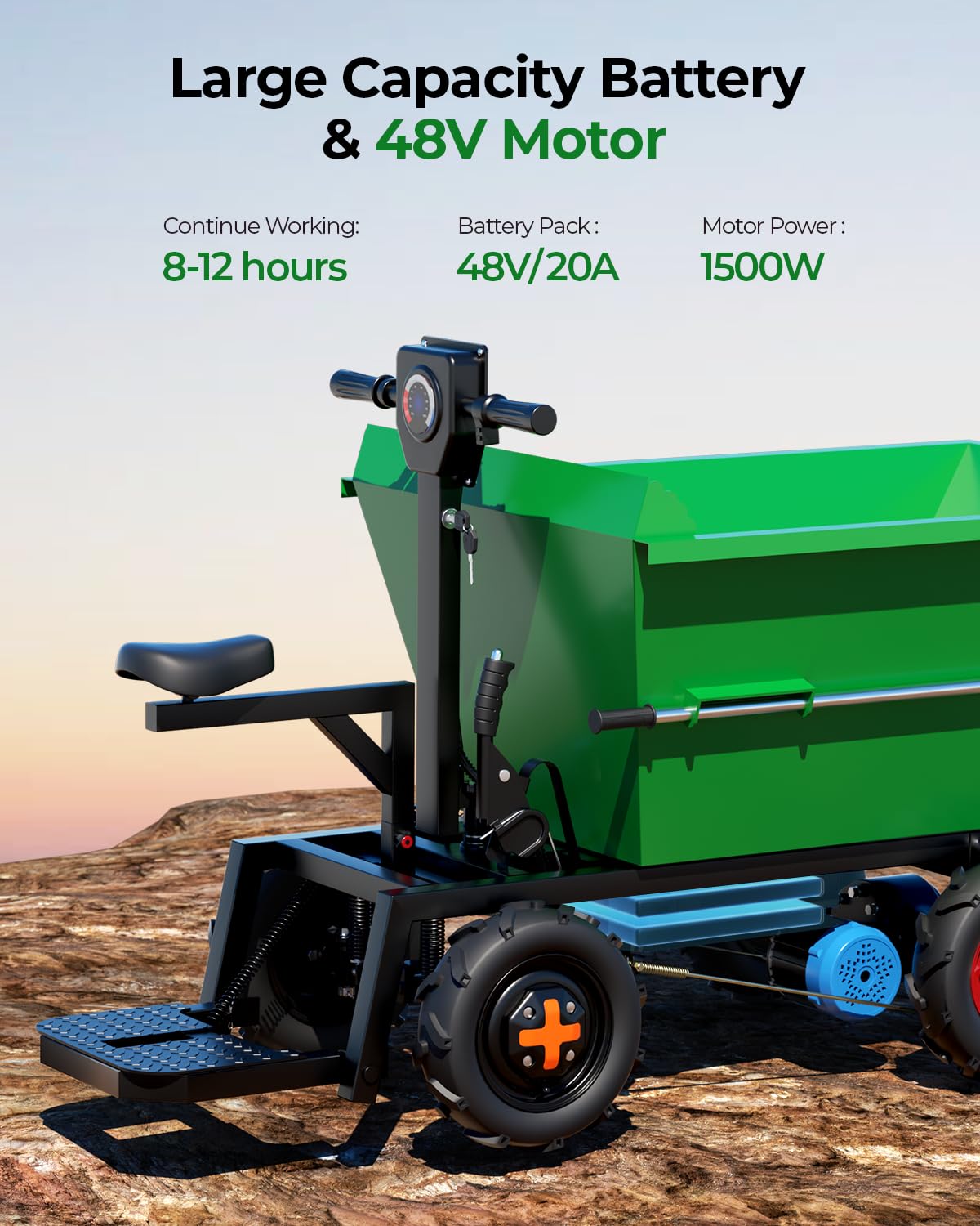 [All-Terrain Tires] Arczorix Wheelbarrow Utility Cart 48V 20Ah Sealed Lead Acid Battery 1500W Capacity 2205Lbs with Manual Dumper & All-Terrain Wheels, Material Hauler