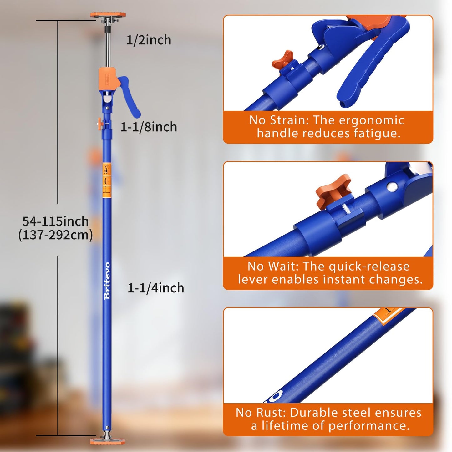 Britevo 4PK Adjustable Telescopic Support Pole, 54-115 inch Cabinet Jack, Heavy Duty 3rd Hand Support System, 154lbs Load-Bearing for Drywall Lift, Dust Barrier, Cargo Bar