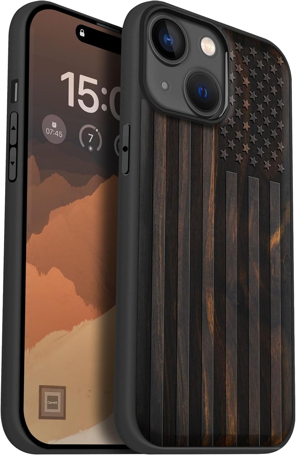Carveit 15 Magnetic Wooden Case for iPhone Case, Compatible with MagSafe Wireless Chargers, Black Soft TPU Shockproof