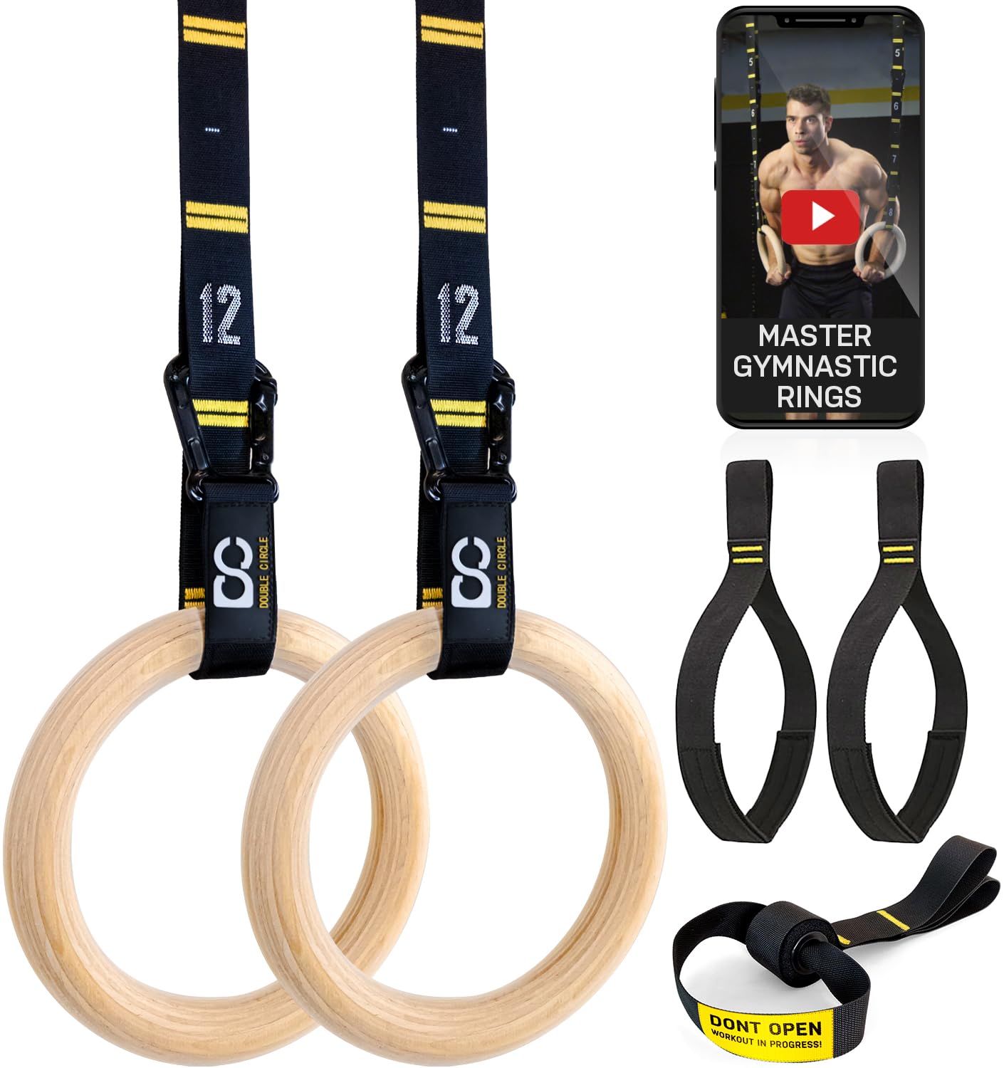 Double Circle Gymnastics Rings with Quick Adjust Numbered Straps and Exercise Videos Guide - Full Body Gym Rings - Calisthenics Rings Wooden Rings (Rings & Straps + Door Anchor + Foot Straps)