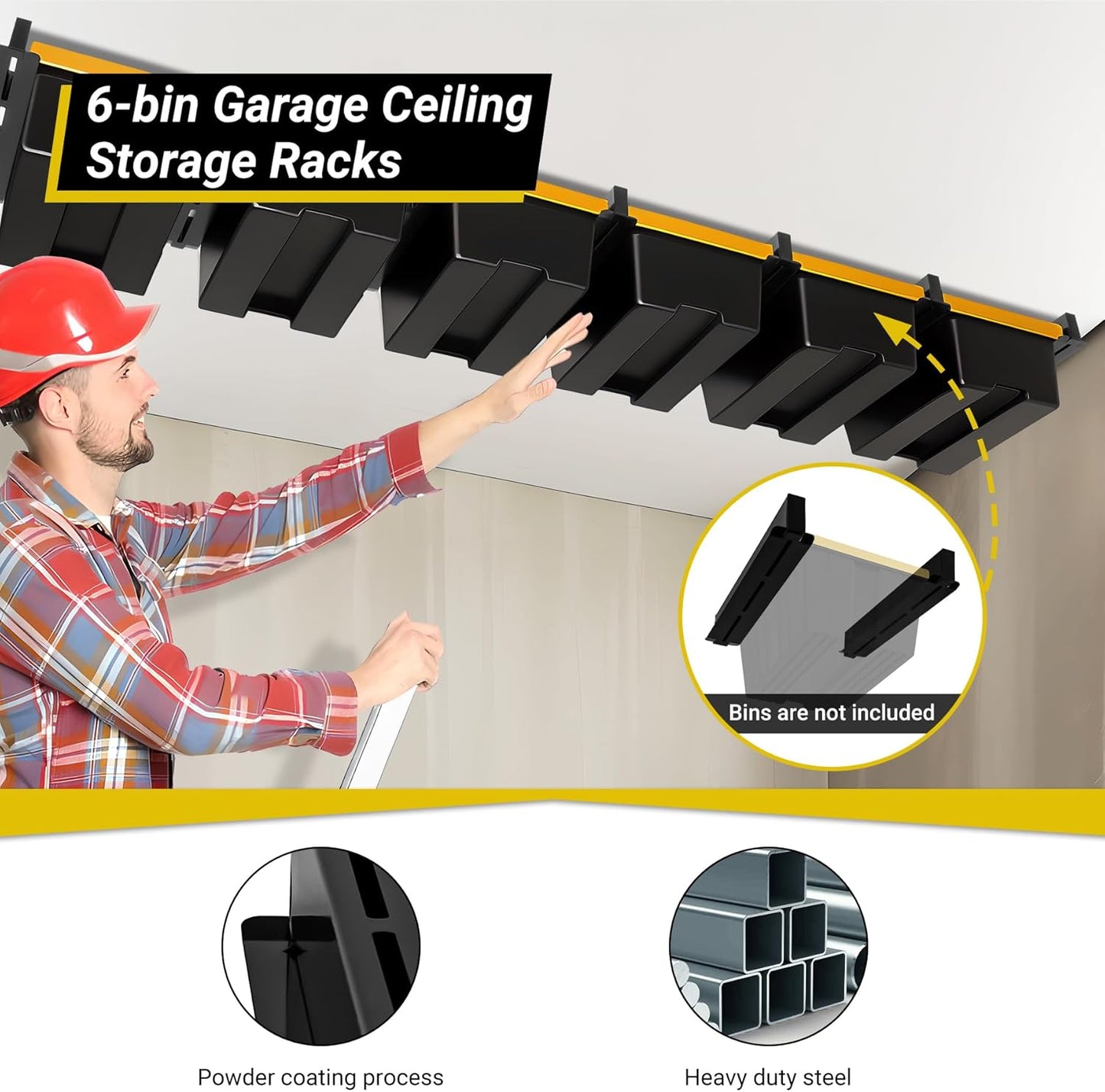Overhead Garage Storage Rack - Heavy Duty Ceiling Racks for 6 Bins | Powder Coated Design