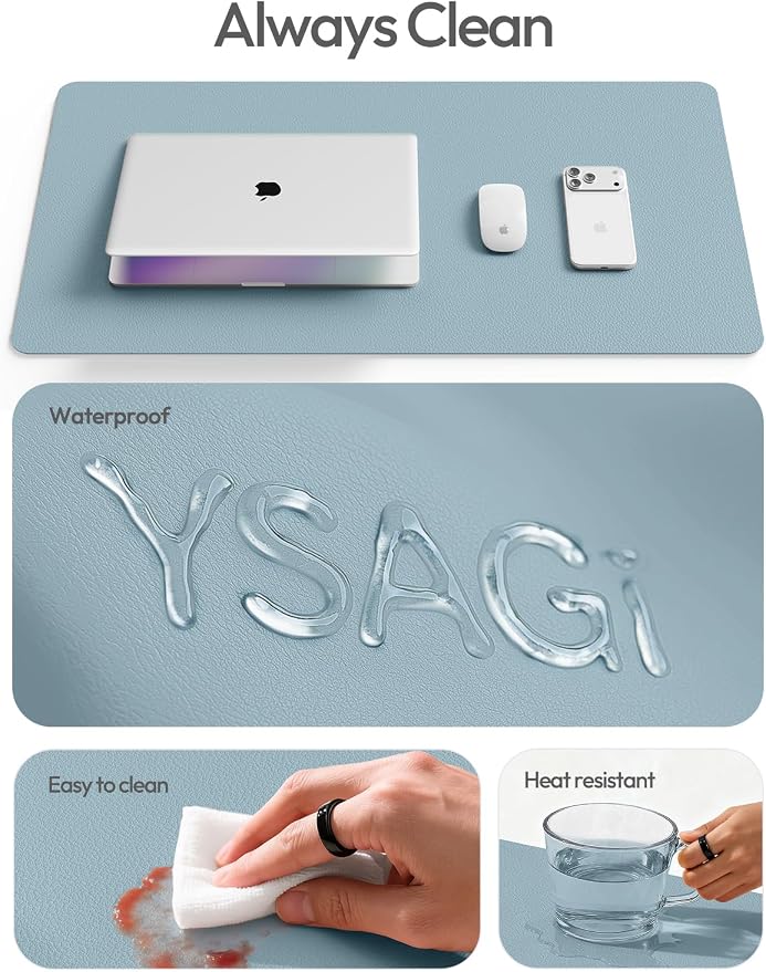 YSAGi Leather Desk Protector, Office Mat, Large Mouse Mat, Non-Slip PU Leather Blotter, Laptop Desk Pad, Waterproof Writing Pad for Office and Home (Ice Blue, 31.5" x 15.8")