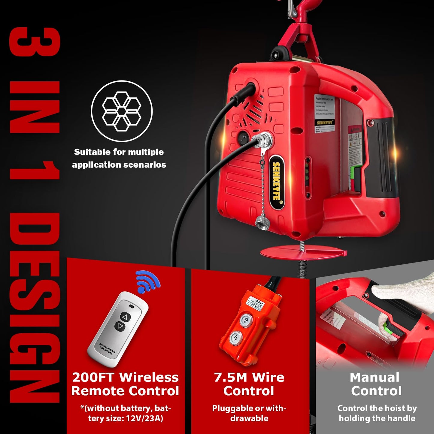 SENKEYFE Power Electric Portable Hoist Winch 1100LBS, 3 in 1 Electric Cable Hoist 110V 25 FT with Lifting Strap, Electric Hoist Lift Ceiling Winch for Lifting Towing(Red)