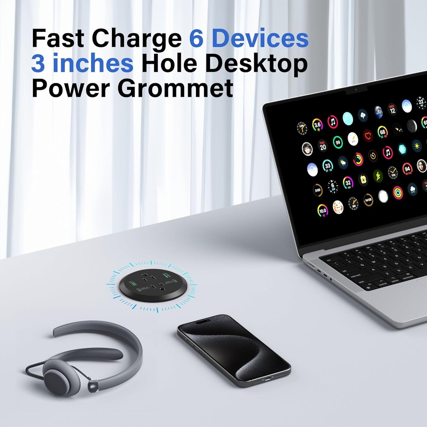 Jgstkcity Grommet 3-inch Hole,40W 2 20W 2 Outlets,4 Desk,6ft Desktop Power Total Fast Charging Station, PD USB C