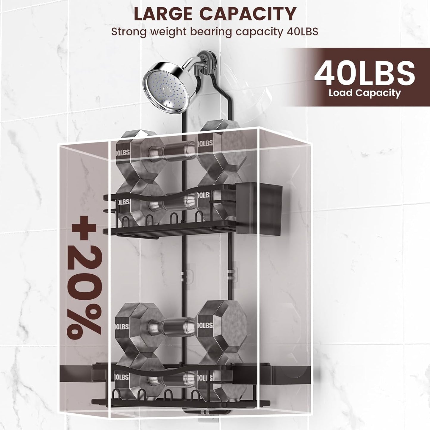 Reinhardt Rustproof Shower Caddy - Anti-Swing Organizer with Soap Holder & Hooks | Black