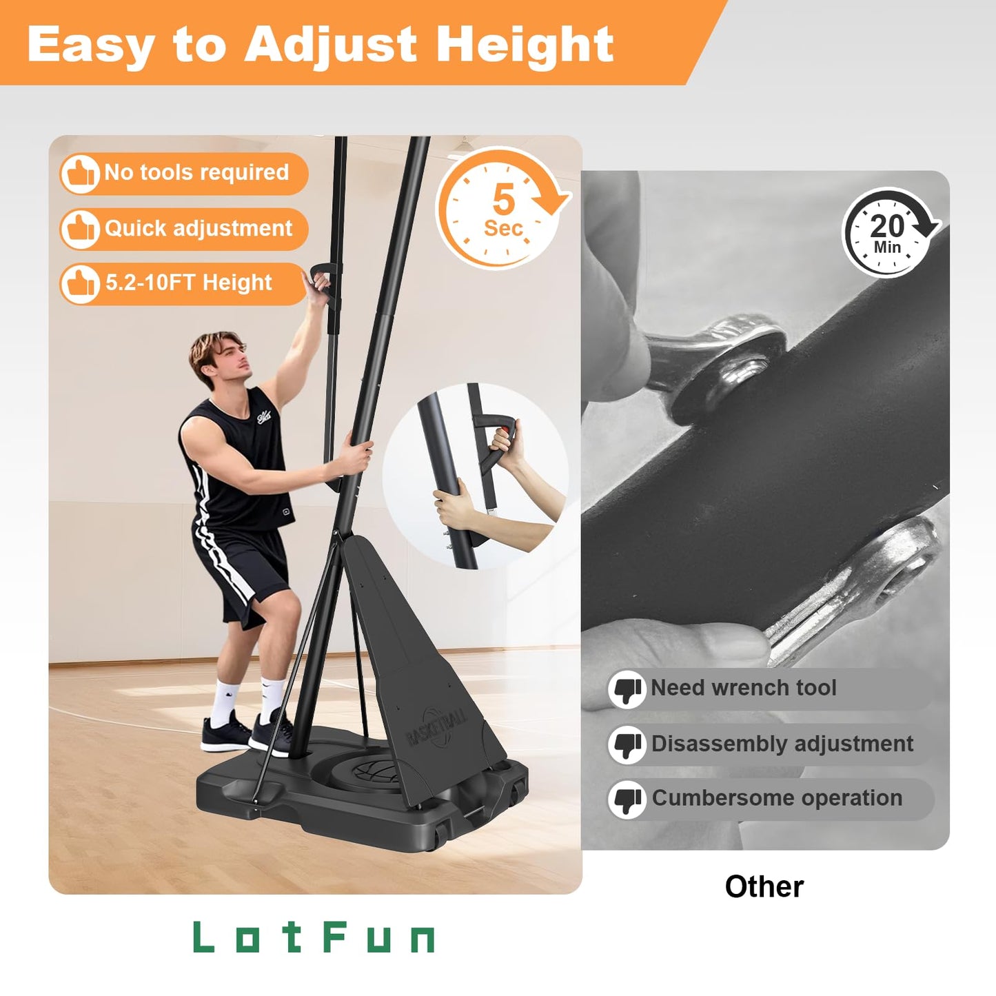 LotFun Portable Basketball Hoop, Outdoor 5-10FT Manual Crank/Hand Pull Adjustable Basketball Goal with 44 Inch PC Backboard & Wheels, Basket Ball Portable Hoops Backyard, Driveway (Hand Pull Handle)