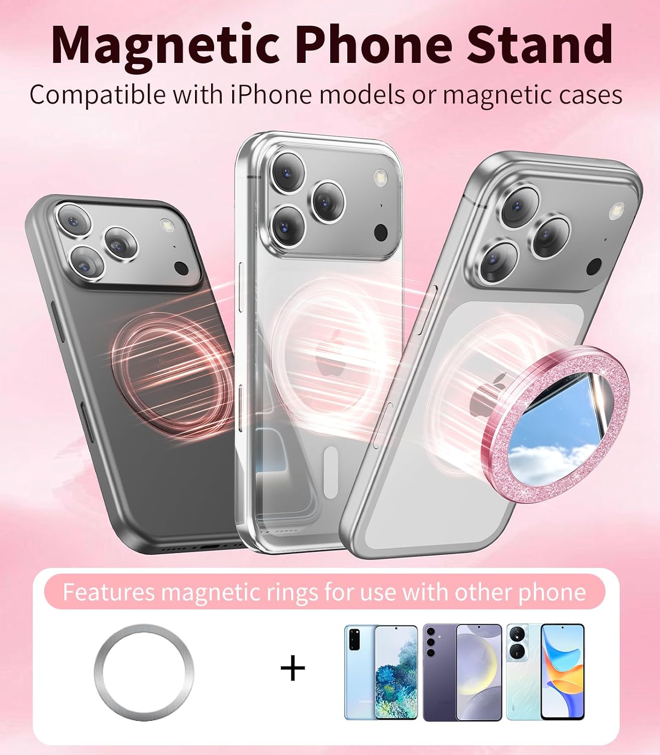 Blissfuhue 17/16/15/14 Portable Double-Sided Magnetic Phone Holder with Mirror, for Magnetic Phone GripFoldable
