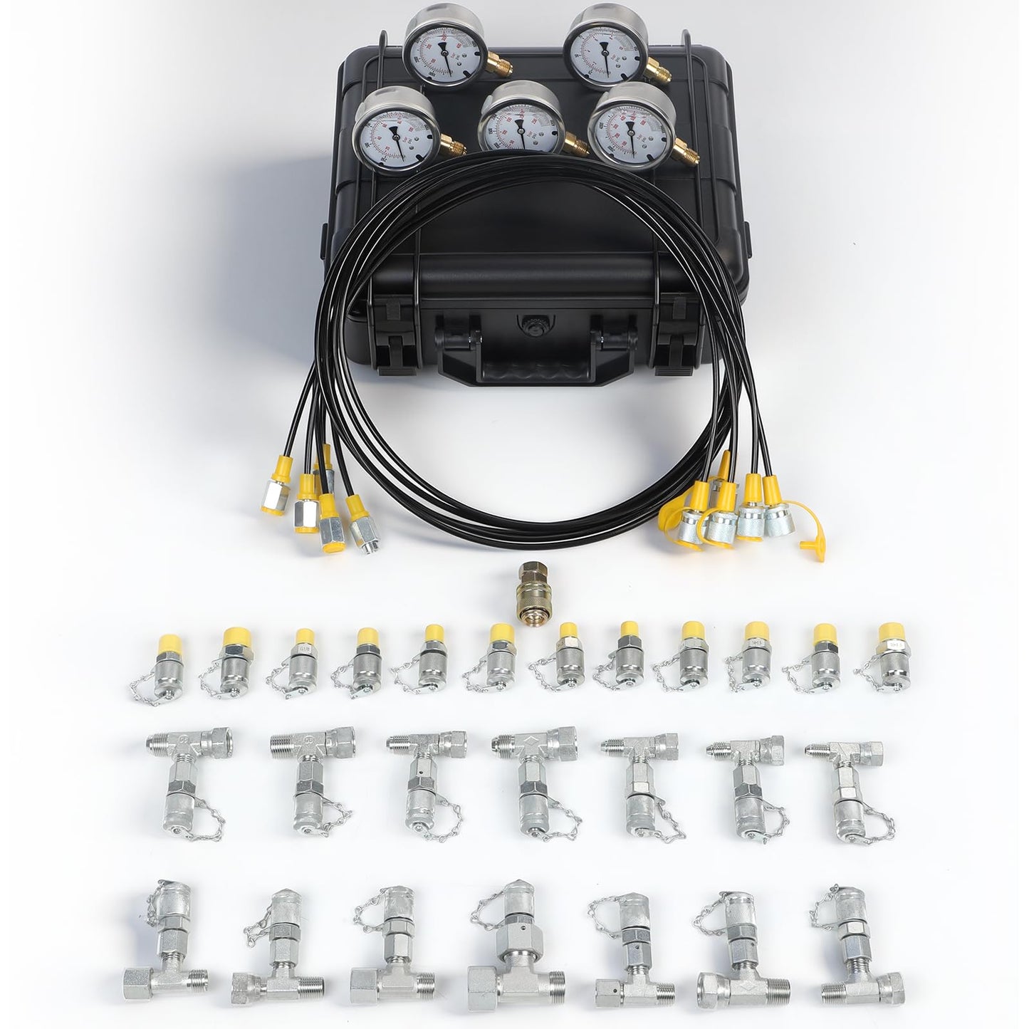 Hydraulic Pressure Test Kit with 5 Gauges up to 10000 PSI 10–600 Bar, 13 Couplings 14 Tee Connectors and 5 Hoses, Hydraulic Tester for Excavators Loaders and Construction Equipment