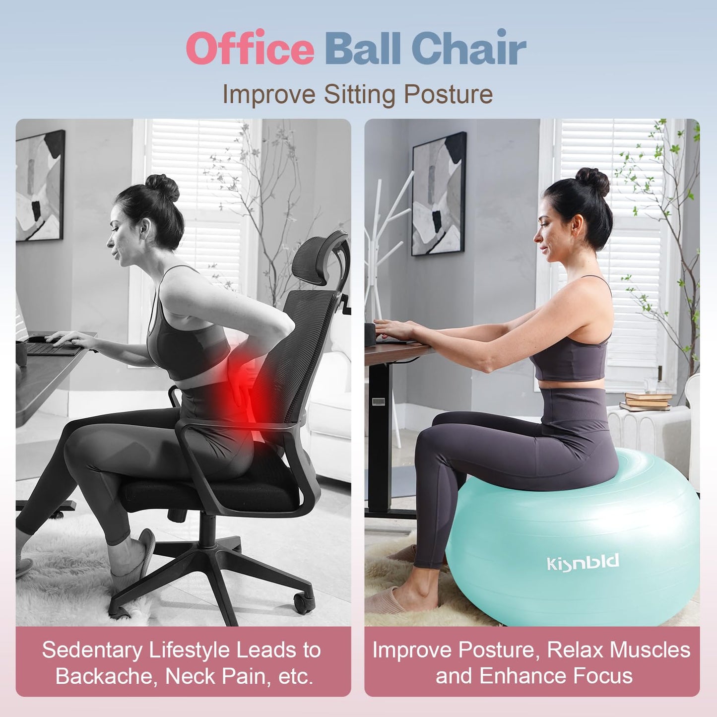 kisnbld Exercise Ball, Extra Thick Yoga Ball for Workout Pregnancy Stability, 4 Sizes Anti-Burst Balance Ball with Foot Pump - Heavy Duty Fitness Ball Chair for Office, Home & Gym