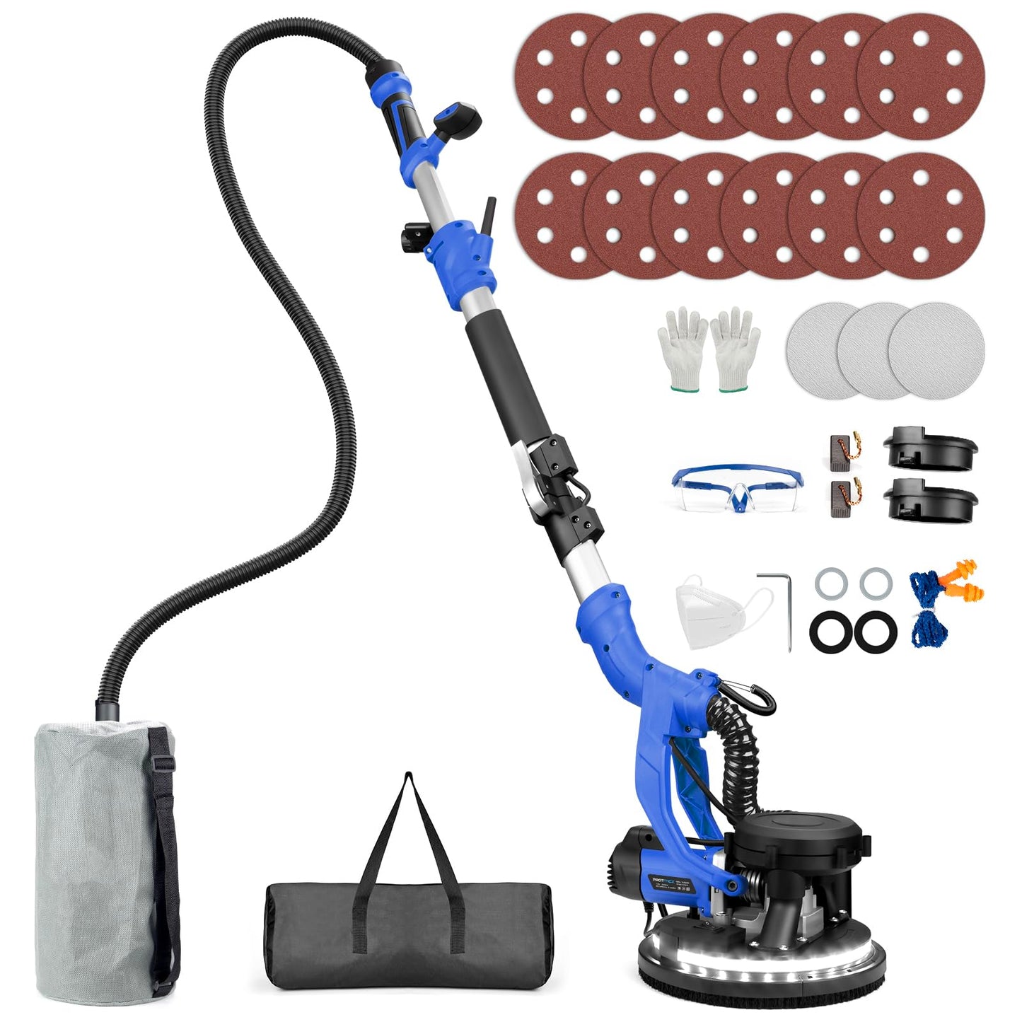 Drywall Sander, 1000W Popcorn Ceiling Removal Tool, Foldable Automatic Drywall Sander with Vacuum Dust Collection, LED Light, 6 Variable Speed 800-2200RPM,15Pcs Sanding Discs (Blue）