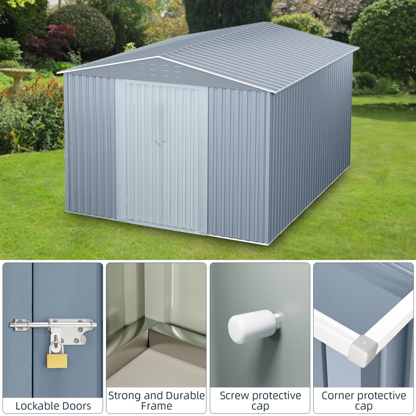 8x12 ft Outdoor Storage Shed, Galvanized Steel Metal Lockable Garden Shed with Sloping Roof, Ventilation & Weatherproof,Ideal for Tools & Equipment Backyard Garden Patio Lawn