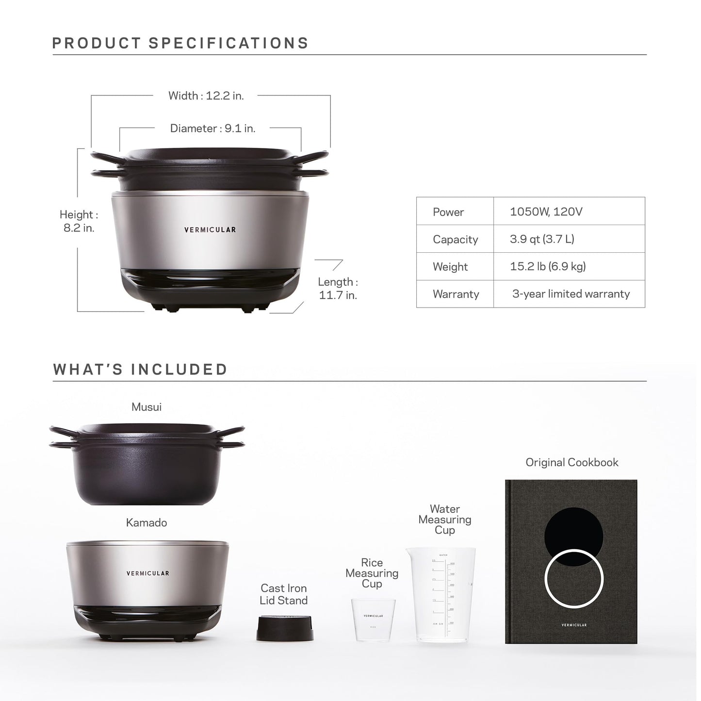 Vermicular Musui–Kamado | Cast Iron Induction Cooker for Waterless Cooking | Precision Temperature Control | Japanese Multicooker & Rice Cooker (120V) | Non-Toxic Enameled Cast Iron Pot | Sea Salt