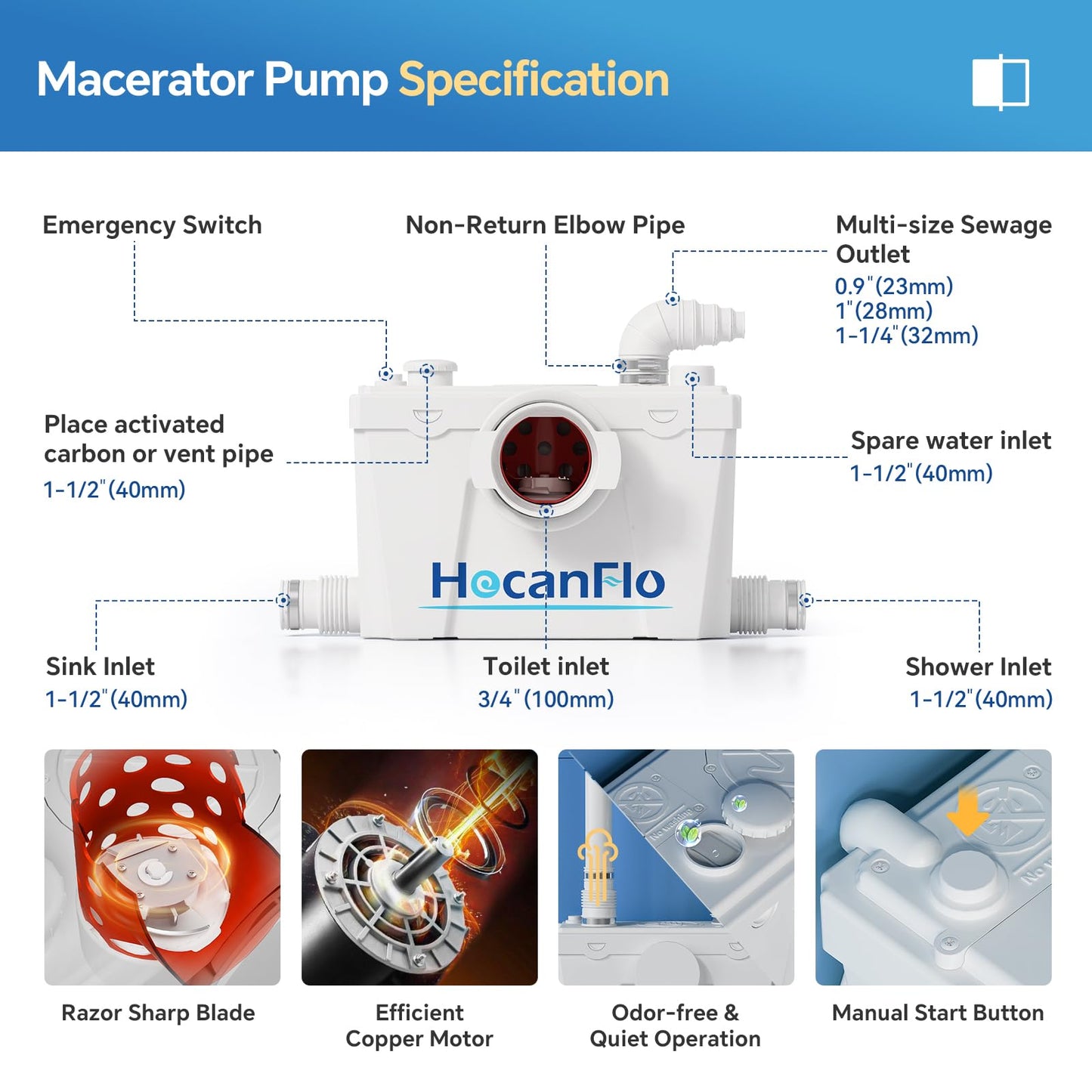 Upflush Macerating Toilet System – 21" ADA Compliant Tall Toilet with Macerator Pump Durable Copper Grinder with 4 Inlets for Basement Kitchen, Shower, Sink & Laundry, Extension Pipe Included