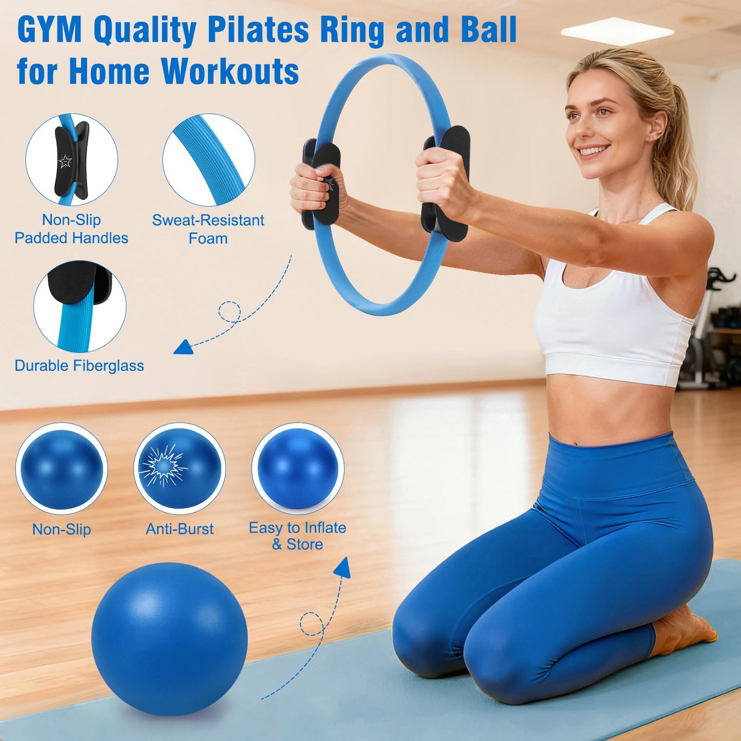Muuruu Pilates Equipment Kit for Home Workout, Pilates Ring and Ball Set for Women, 14'' Magic Circle Essentials Accessories Kit, Wrist Weights, Resistance Bands, Yoga Strap, Socks, Bag Blue