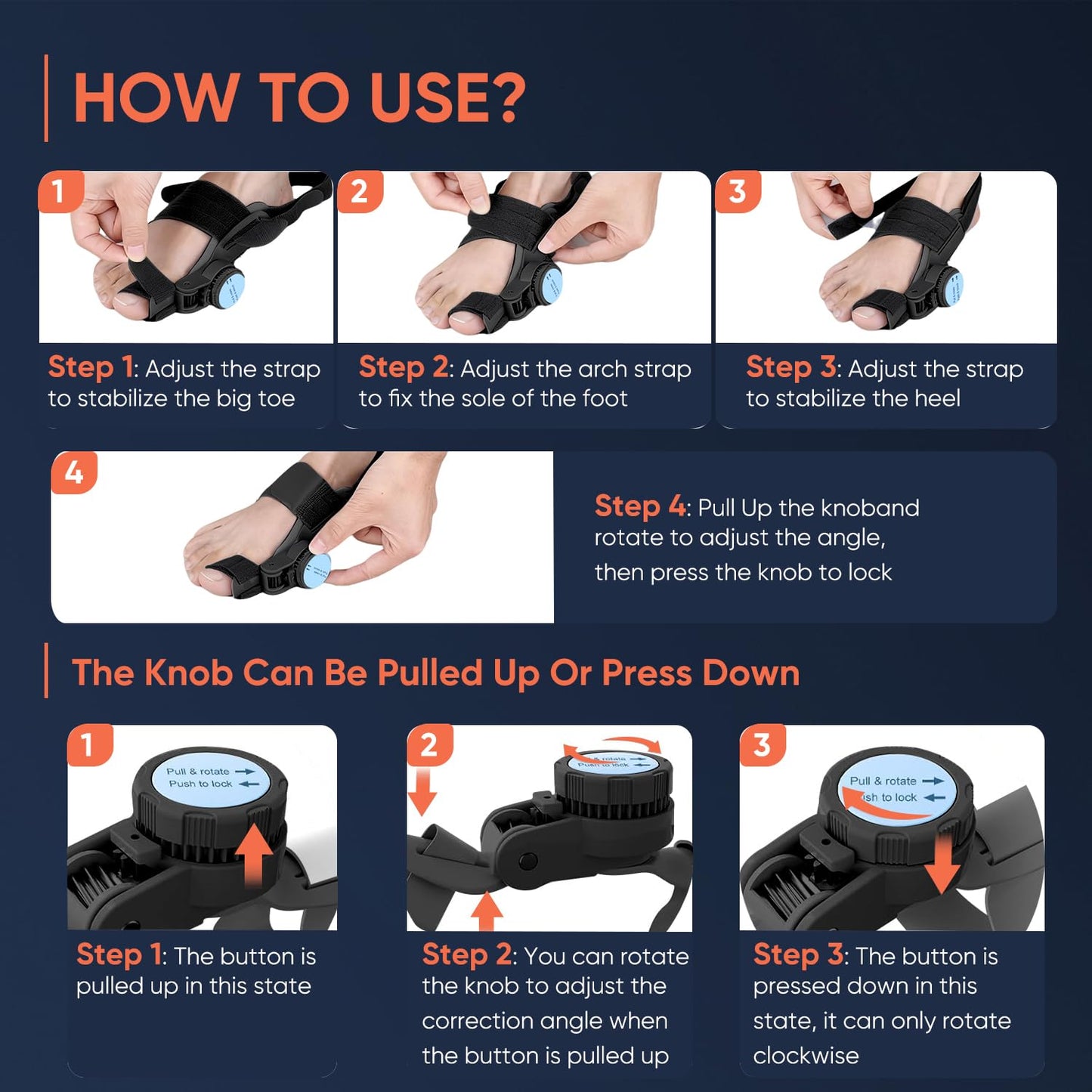 AKFDD Bunion Corrector for Women & Men, Adjustable Knob Dual-Action Bunion Splint with Silicone Pad - Orthopedic Toe Straightener & Separator for Hallux Valgus Relief, Fits Left/Right Feet (Black)