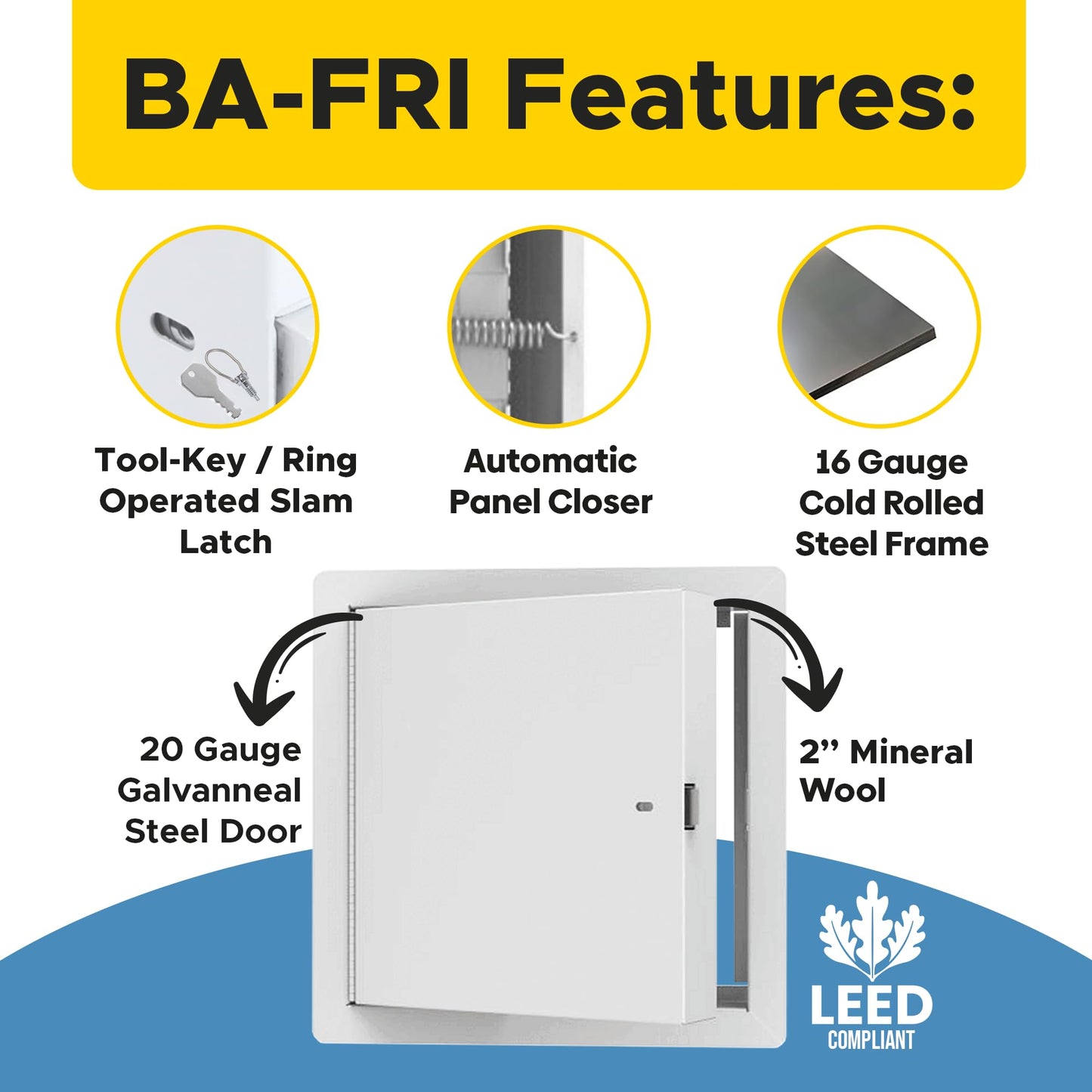 Best 12" x 12" Insulated Fire Rated Metal Access Door with Flange – 20-Gauge Galvanneal Steel Wall Access Panel, 2" Mineral Wool Insulation, White Powder-Coat Finish, LEED Compliant, BA-FRI
