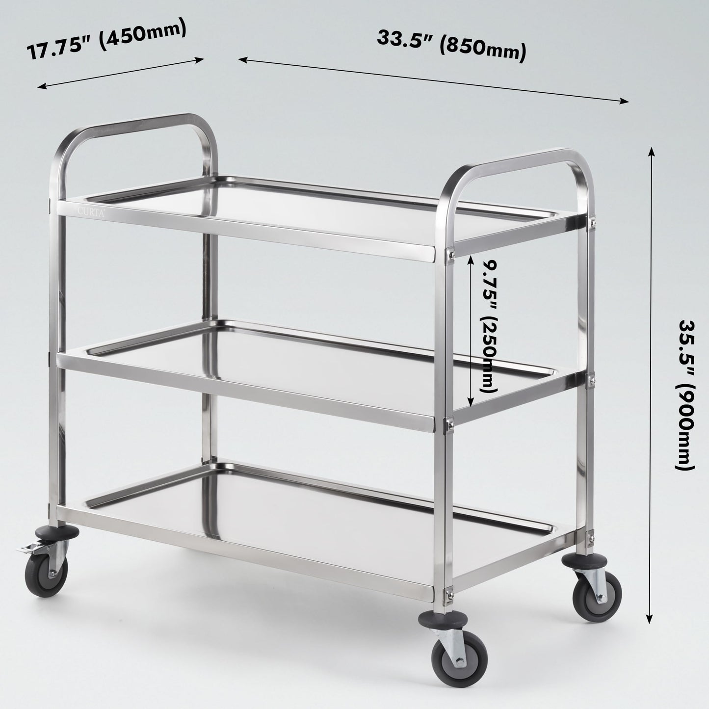 CURTA Stainless Steel Serving Trolley, 34" L x 18" W x 36" H 3 Tiered Shelf Kitchen Utility Cart, Rolling Casters Brake Wheel, Commercial Pro for Restaurant/Hotel/Lab/Clinic/Salon/Workshop