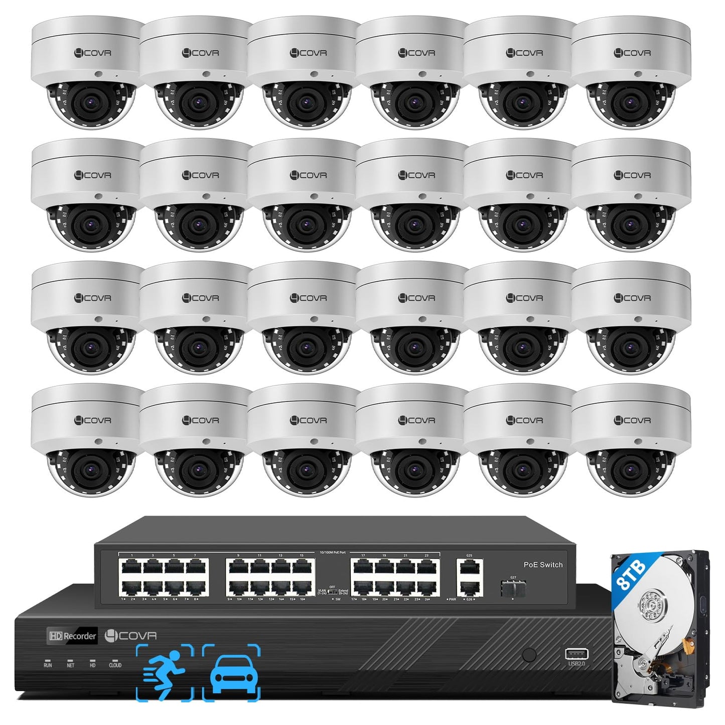 4COVR 32 Channel Security Camera System PoE with Mic, 24Pcs 5MP IK10 Vandal-Proof Dome IP Camera IP67, AI Human Vehicle Detection, 4K UHD NVR 8TB HDD, Commercial Surveillance Outdoor, LY54AX5M3224