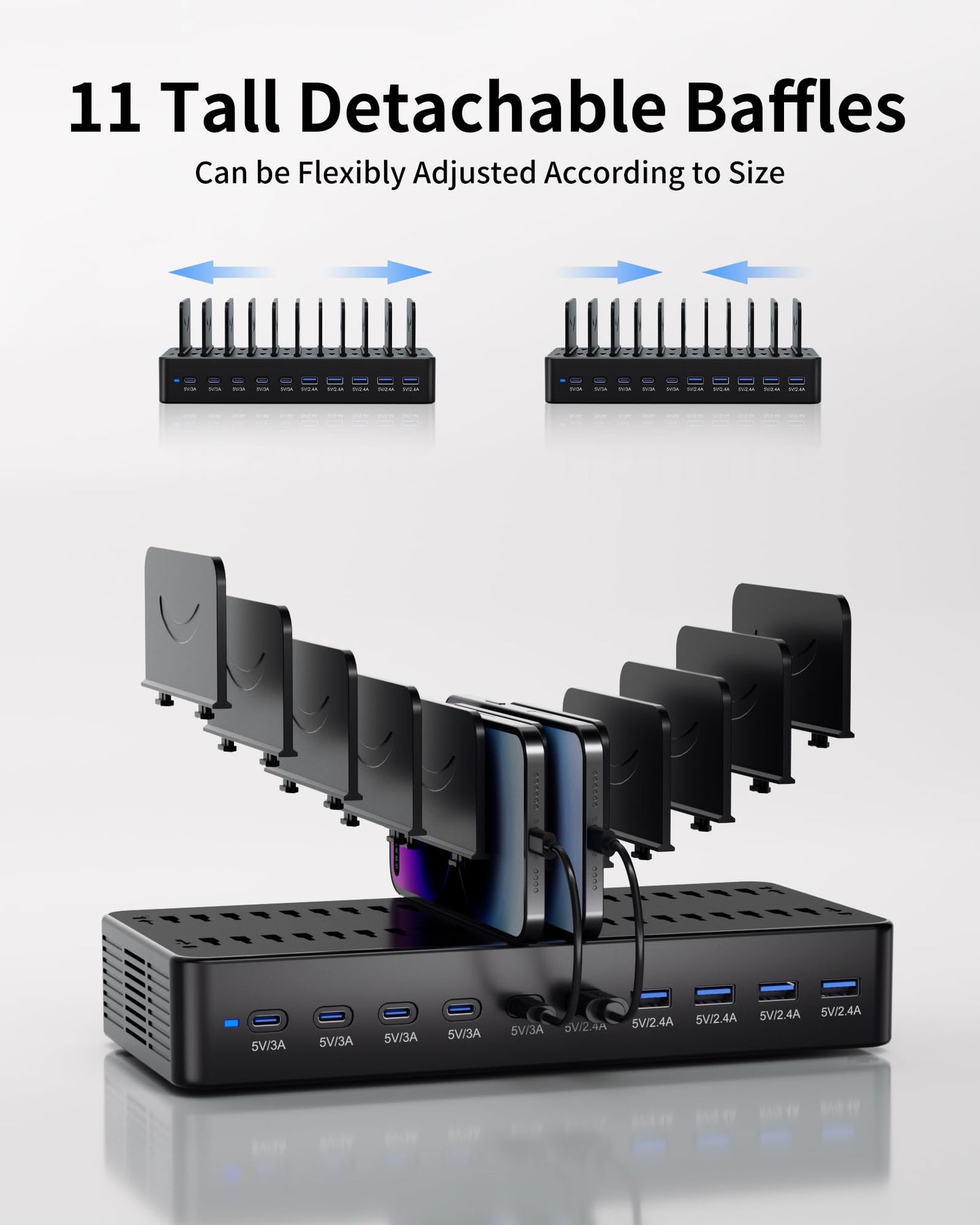 100W Charging Station for Multiple Devices, 10-Port USB Fast Charging Station with Adjustable Dividers & 10 Cables- Multi Device Organizer Charging Dock for iPhone, iPad, Tablets & More(Black)