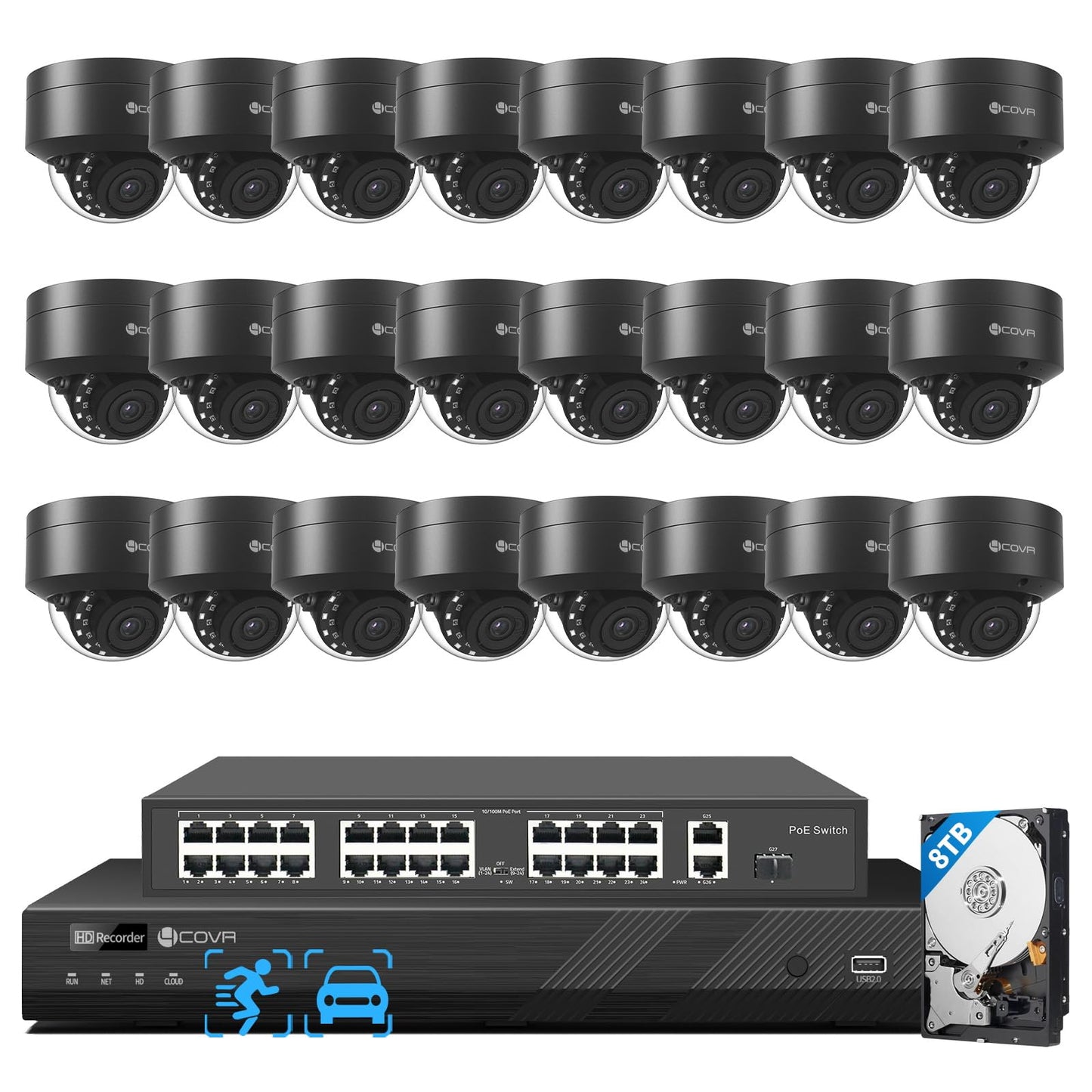 4COVR 4K PoE 32 Channel Security Camera System AI Human Vehicle Detection, 24Pcs 8MP IK10 Vandal-Proof Dome IP Camera IP67 with Mic, 4K UHD NVR 8TB HDD, Commercial Surveillance Outdoor, LY54AB8M3224
