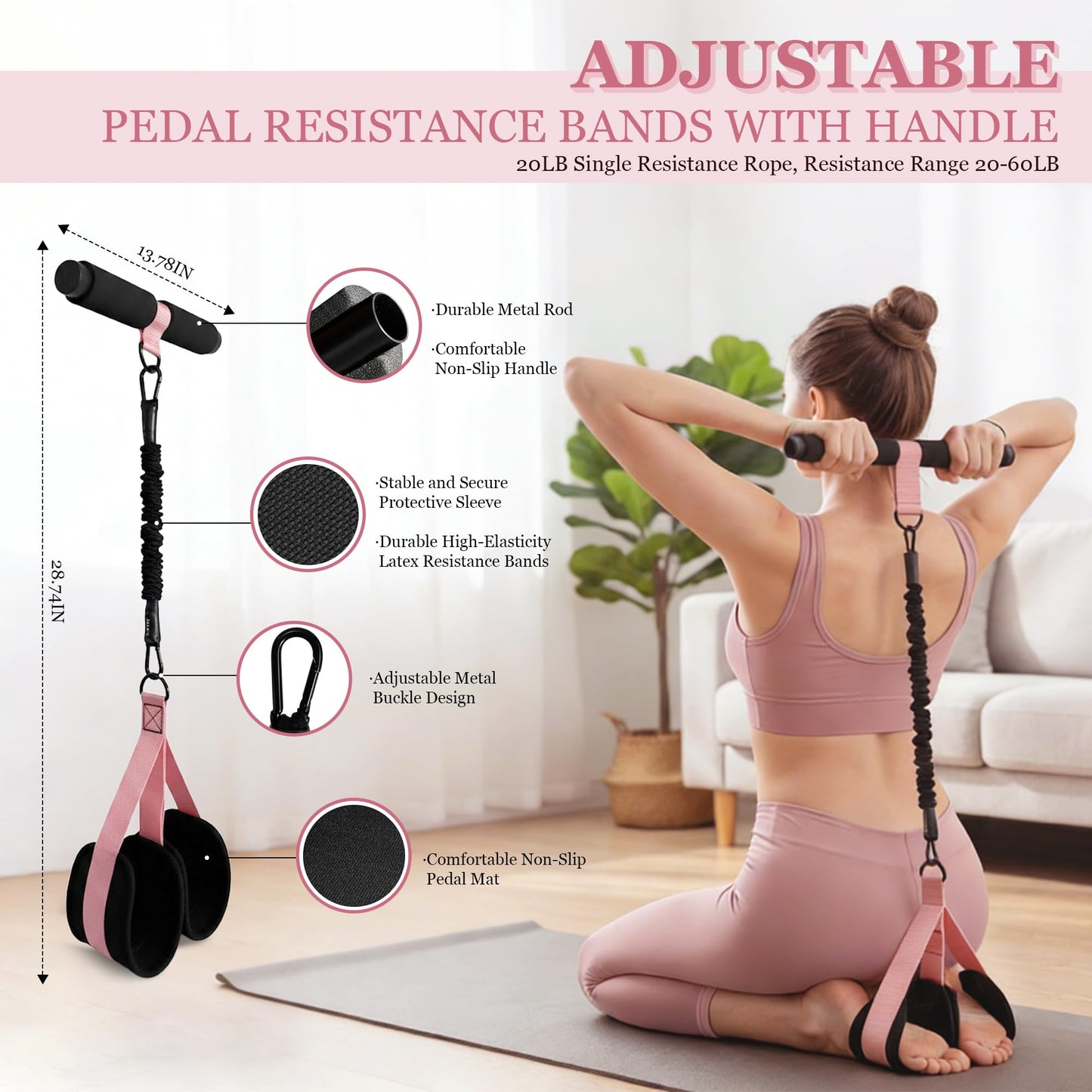 HIMSPORNER Adjustable Pedal Resistance Band with Handle, Ankle Resistance Bands with Cuffs, Figure 8 Resistance Band, Exercise Equipment for Waist, Arm, Core/ABS, Leg, Physical Therapy, Yoga, Pilates