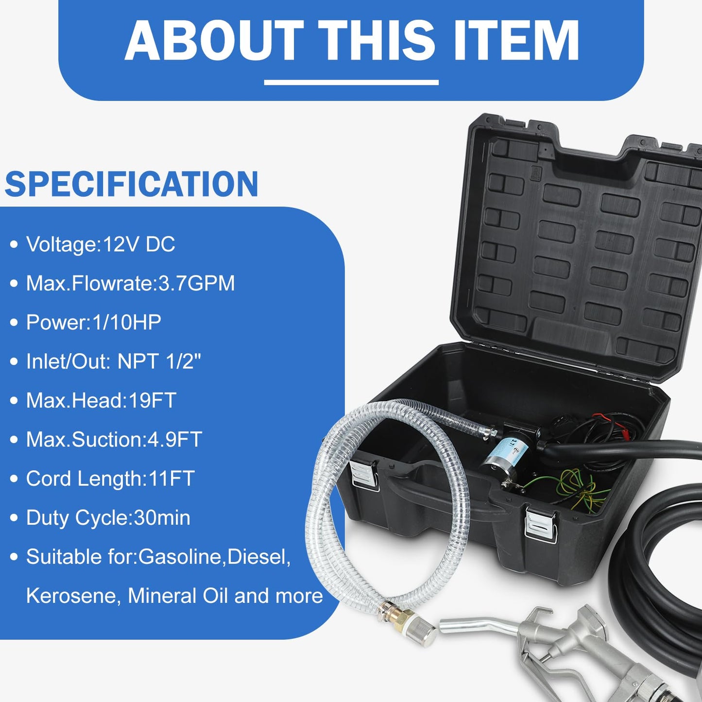 Gasoline Diesel Fuel Box Transfer Pump Kit Portable Self-Priming 12V DC Electric Fuel Pump with Alligator Clamps, Manual Nozzle, Delivery & Suction Hose for Gasoline Diesel Kerosene