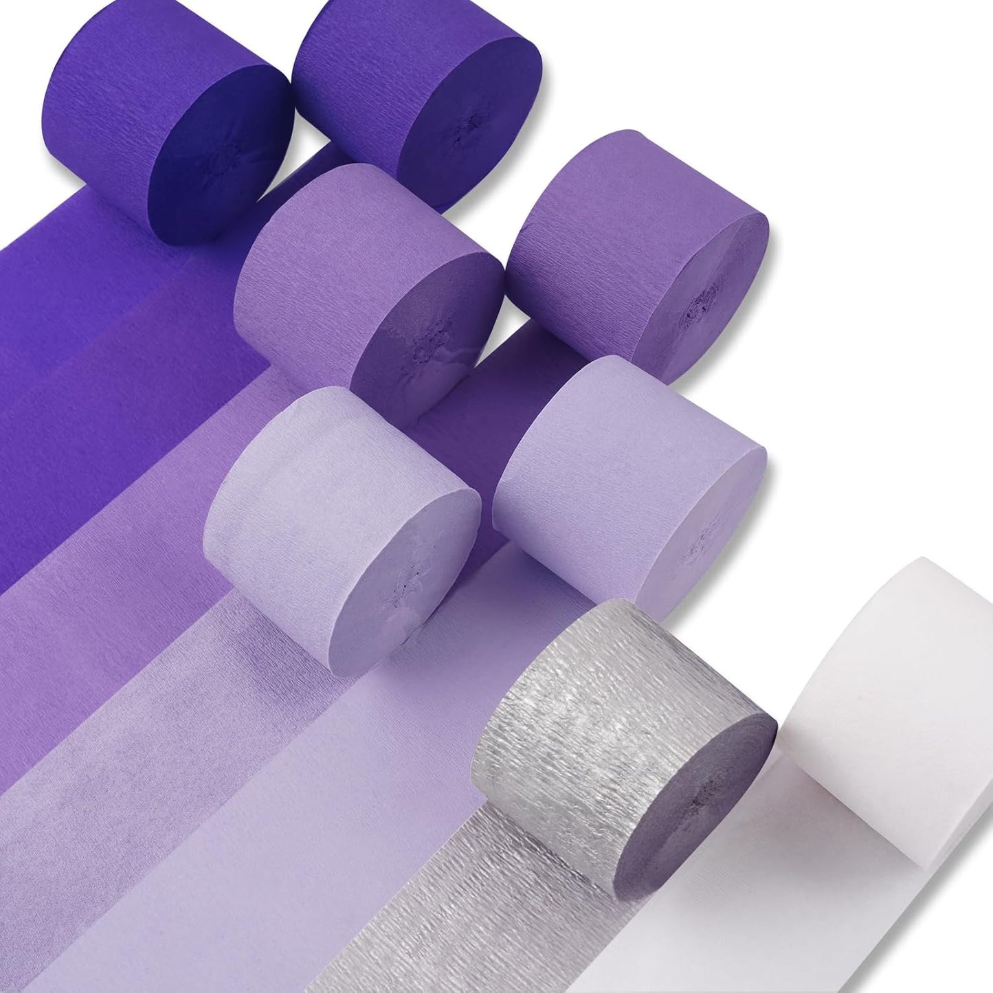 PartyWoo Purple Crepe Paper Streamers - 8pcs 656ft Light & Dark Purple, Lavender, White, Silver for Birthday & Graduation Decor