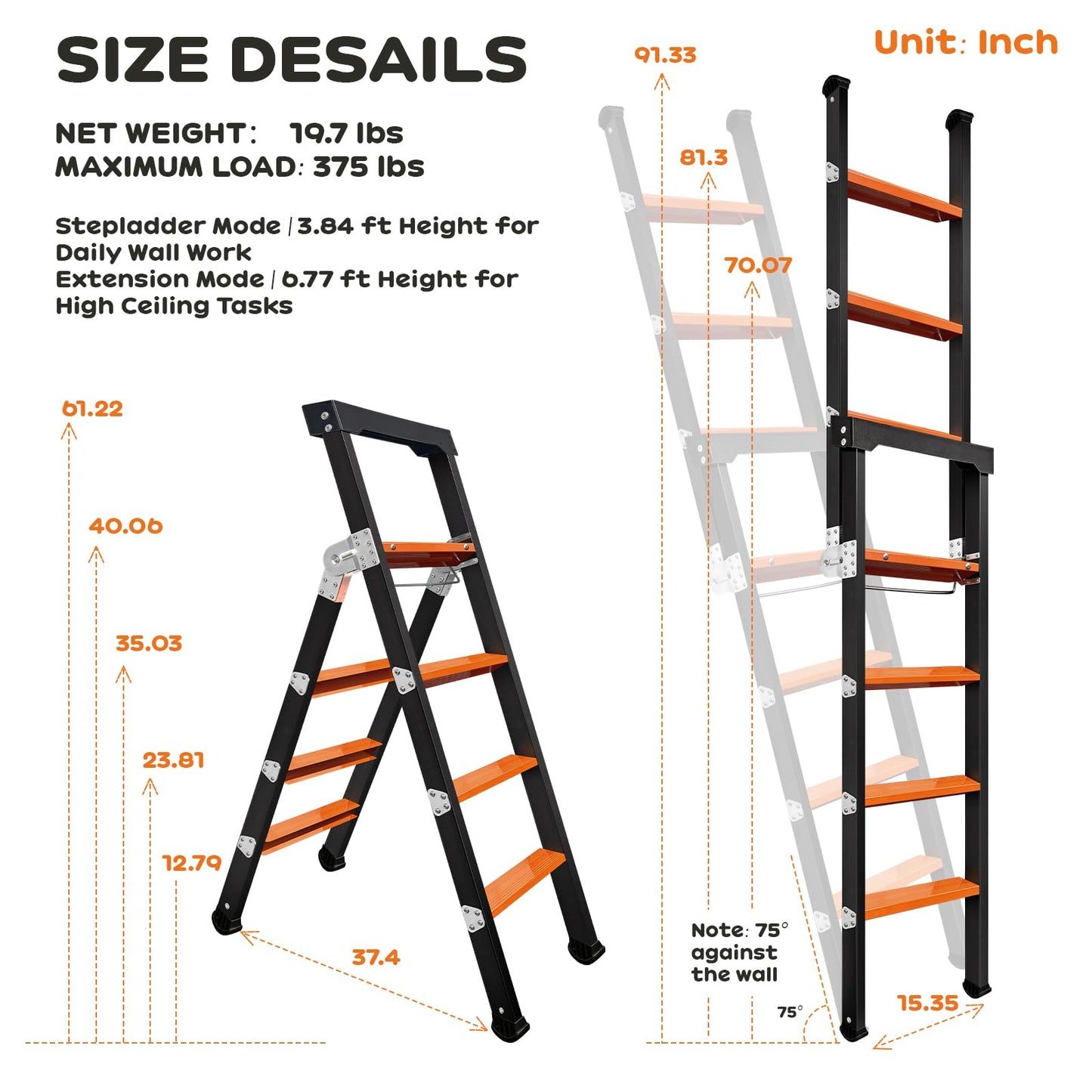 XinSunho Ladder, 3-in-1 Multi-Position Step Ladder, 4 Step Folding A-Frame, 7 Ft Heavy Duty Steel Extension Ladder, 375 lbs Max Capacity Multi-Purpose Ladder with Work Tray for Home and DIY
